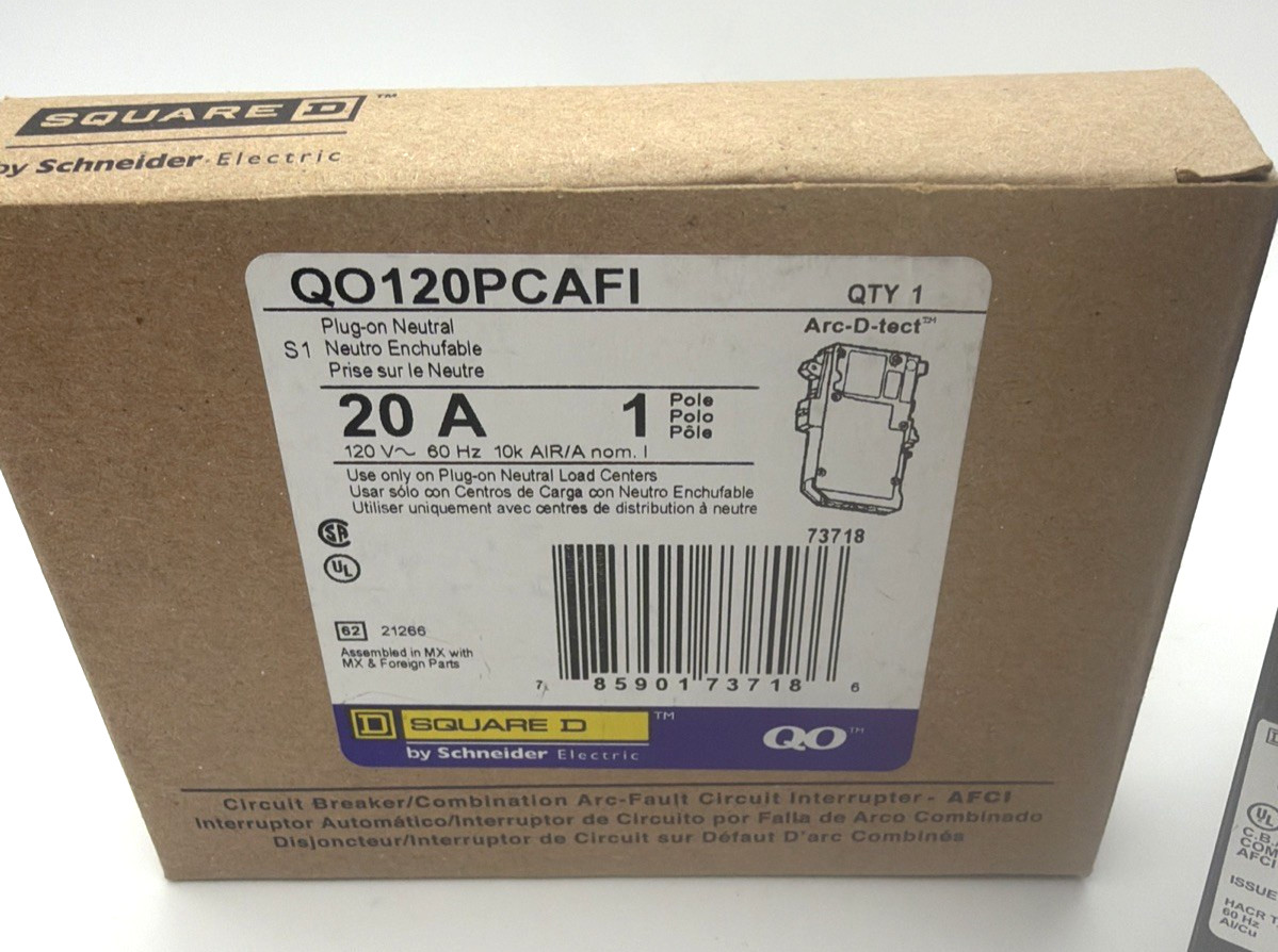 Square D -QO120PCAFI -20A 1-Pole -AFCI -Plug-On Neutral -Circuit Breaker -NEW