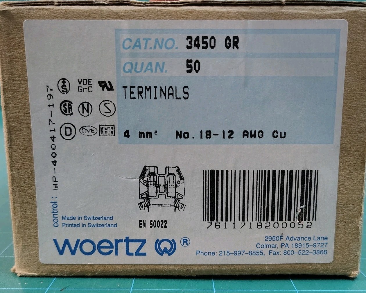 LOT of 50) Woertz 3450 Screw Terminal Block 4mm Gray 18-12 awg Din Rail Mount