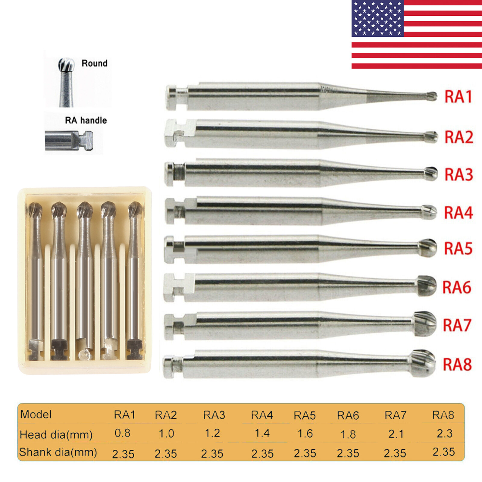5pcs Dental Round Carbide Burs RA 1-8/ Latch Type Contra Angle Handpiece