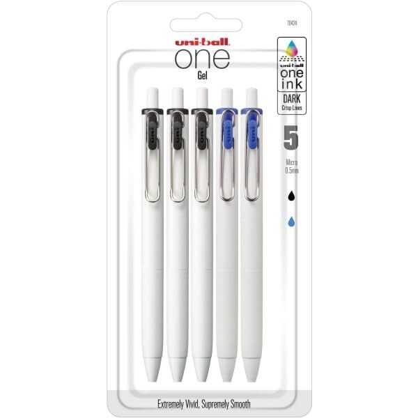 Uni-Ball One Retractable Gel Pens, Micro Point,0.5mm, White,Black/Blue Ink, 5/PK