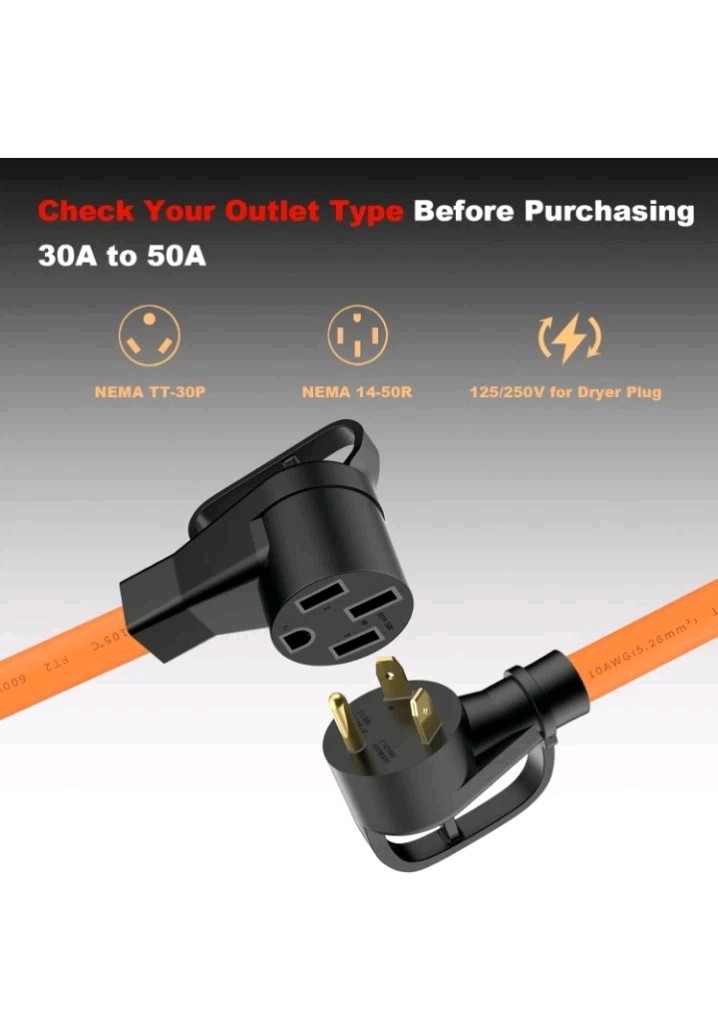 EV Charger Adapter Cord: NEMA TT-30P to 14-50R Charger 3 Prong 30AMP Dryer to 50