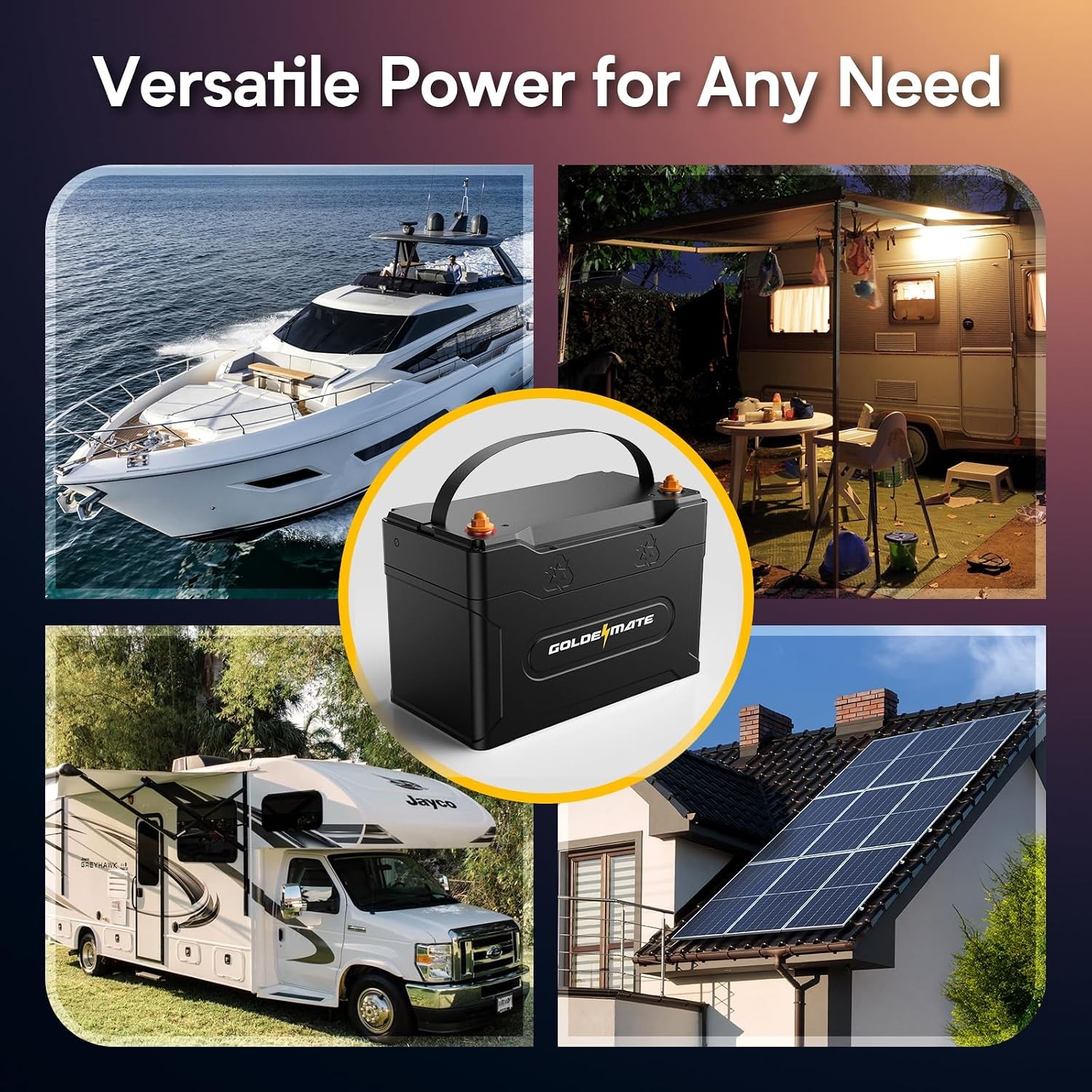 GOLDENMATE 12V 100Ah Group 31 Bluetooth LiFePO4 Battery, IP67 Waterproof Lithium