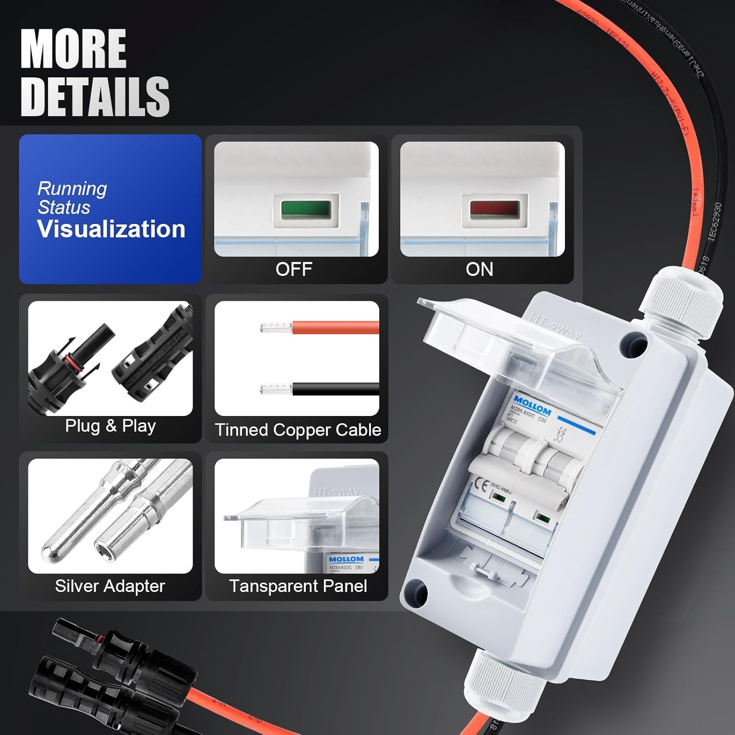 Solar Panel Disconnect Switch 1000V 30A IP65 DC Breaker Box 2P PV Circuit
