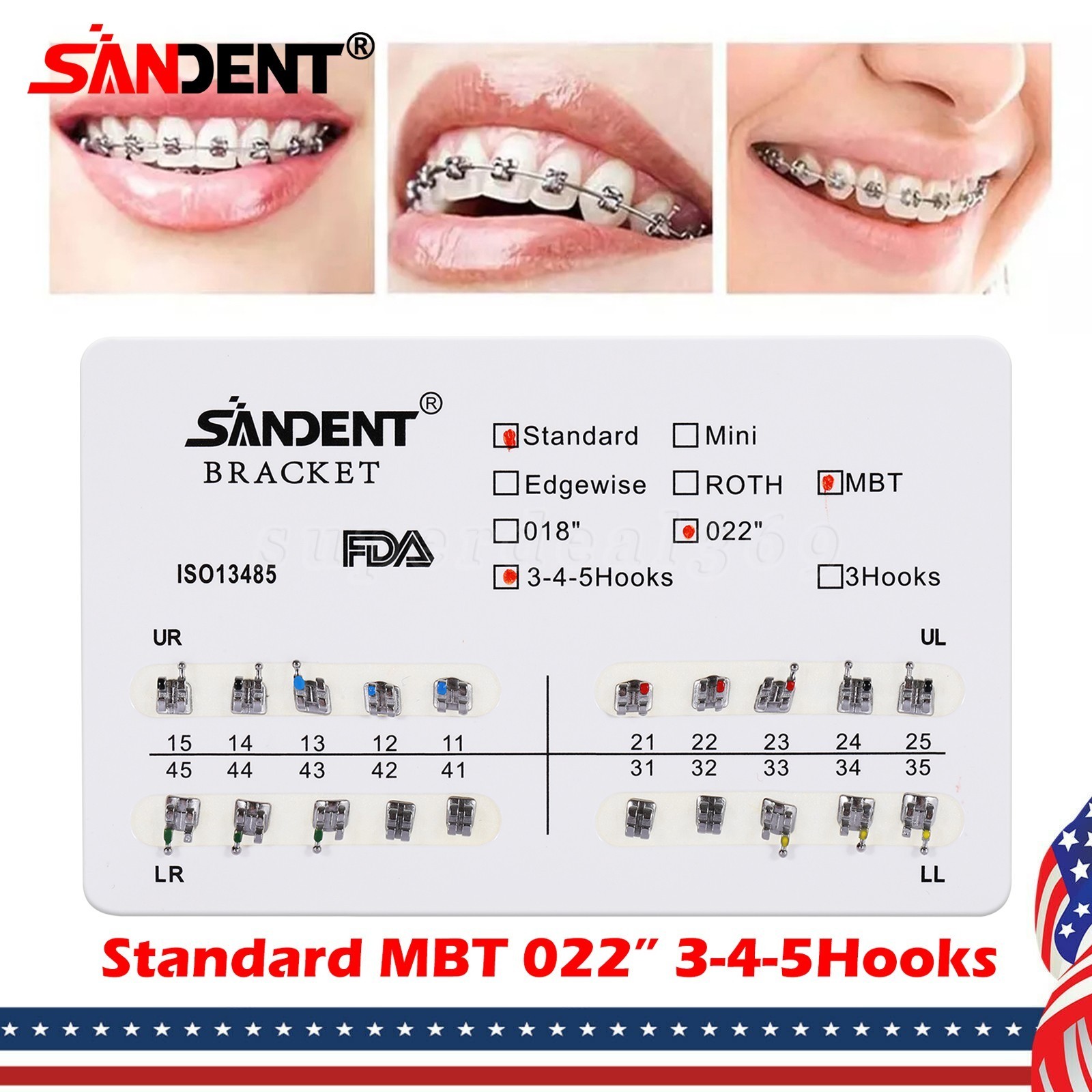 10 kits Dental Orthodontic Braces Brackets Standard MBT 022″Slot 345 Hooks YBB