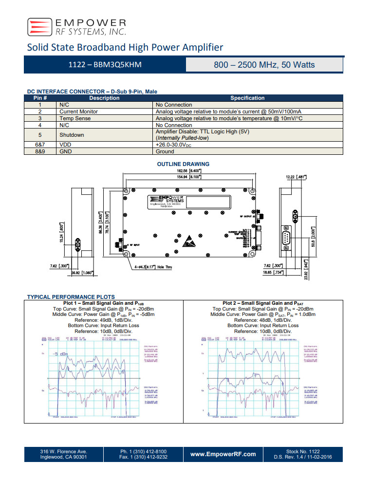 800-2500 MHz (0.8-2.5 GHz), 50 Watts Solid State Broadband High Power Amplifier
