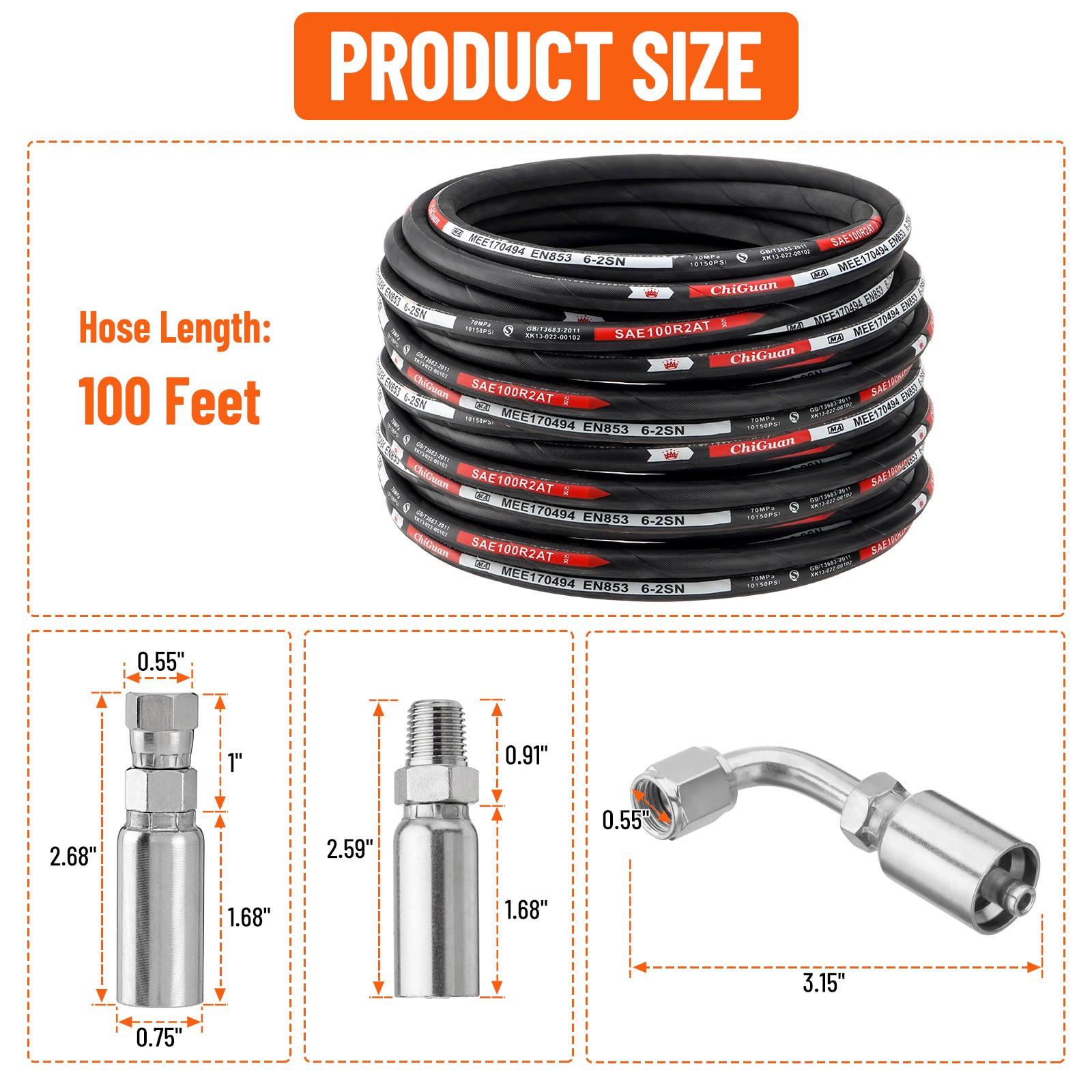 1/4″ 100′ HYDRAULIC HOSE TWO WIRE HOSE FLEXIBLE 70MPa / 10150PSI WITH 24 FITTING
