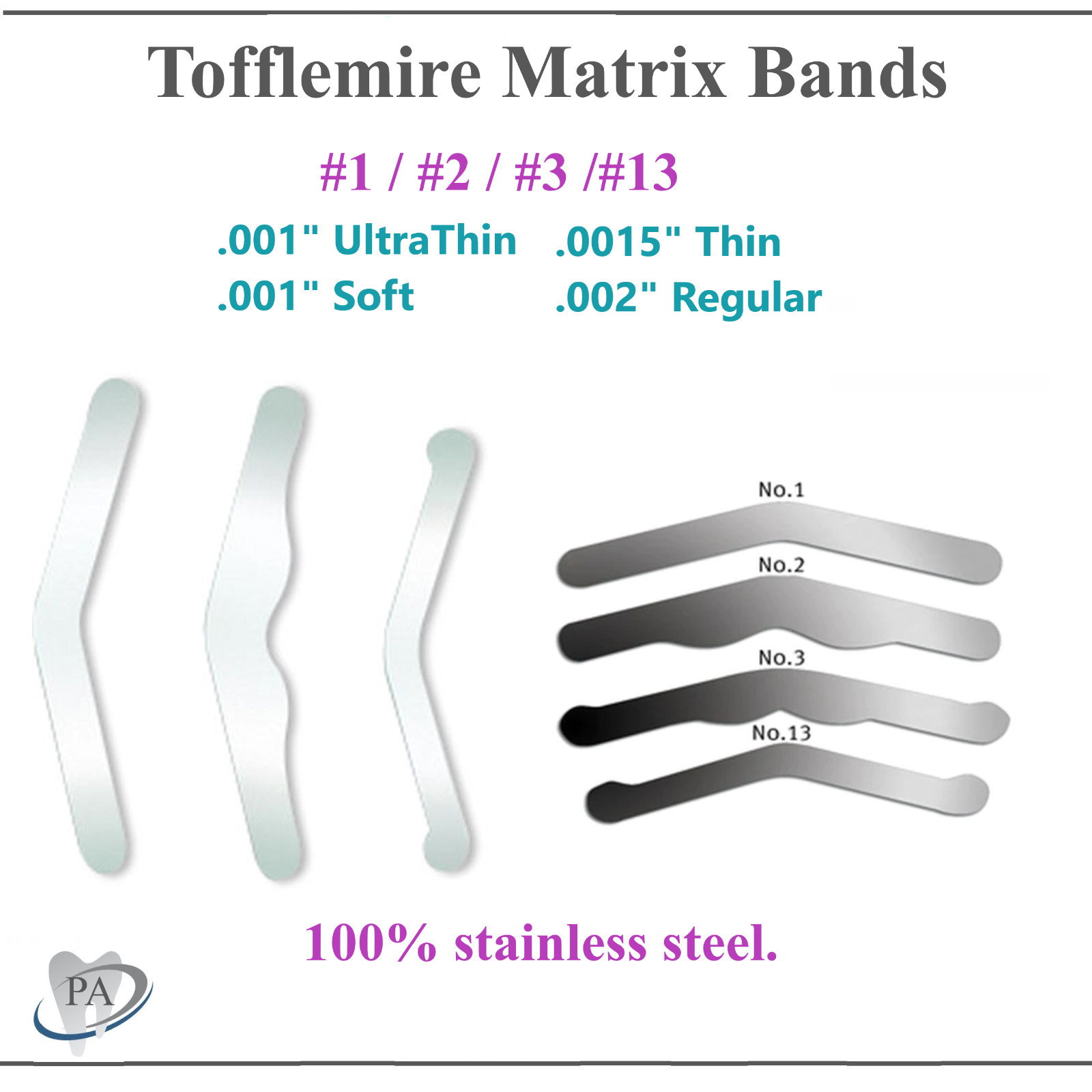 144pc Dental universal Matrix Bands Tofflemire Stainless Steel bands 0.015′ #1#2