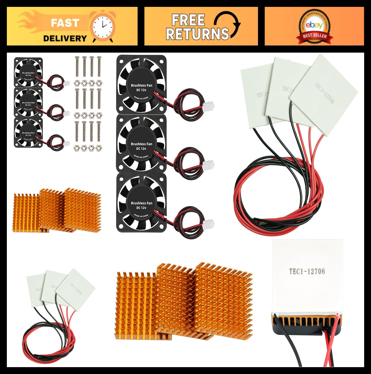 3 Sets Peltier Cooler Module Kit – 6A 12V Cooling Panel, Heat Sinks & Fan