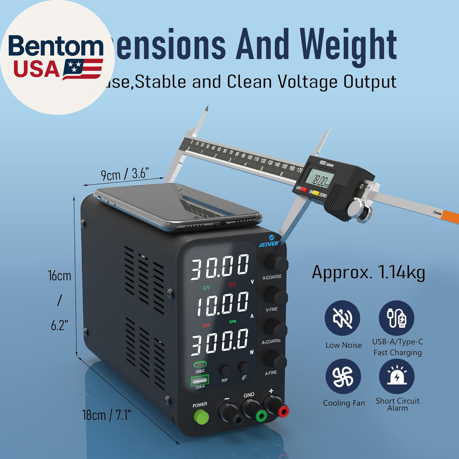 DC Power Supply Variable, 0-32V 0-10A Switching Bench Power Supply with 20W USB