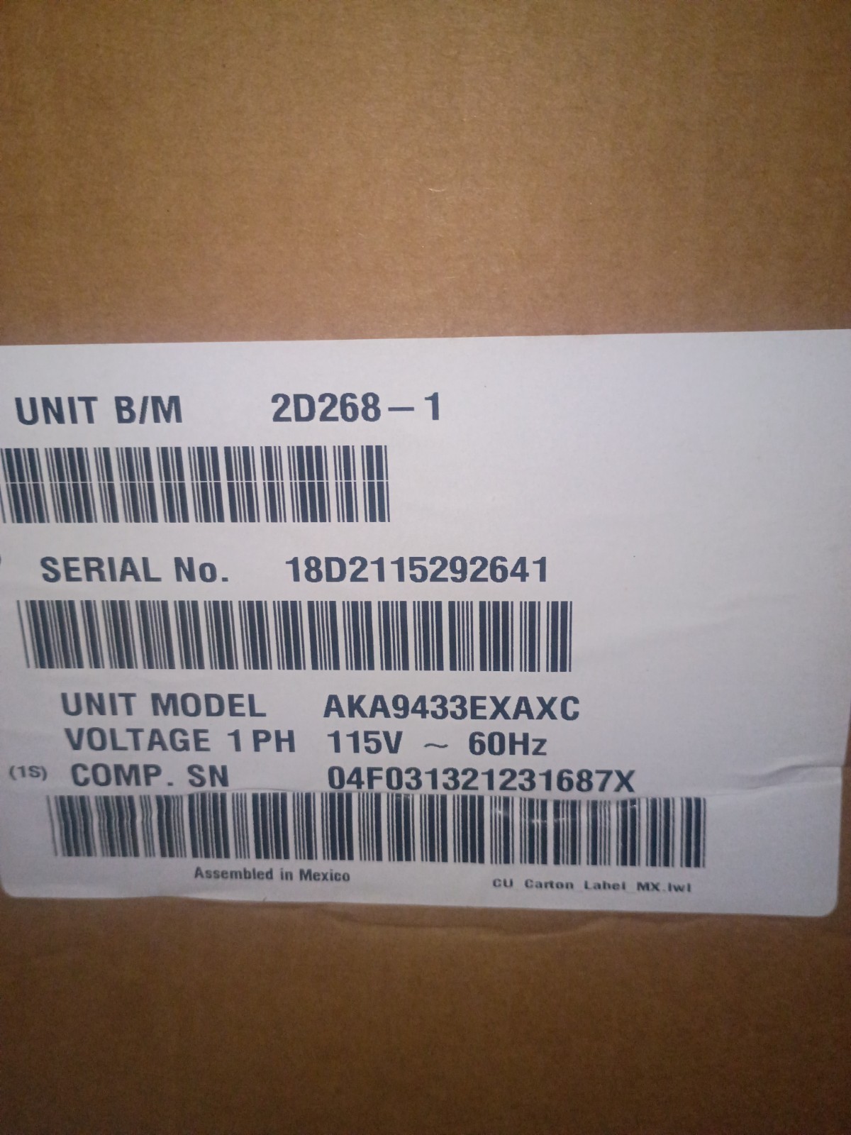 New Genuine Tecumseh 2D268-1 AKA9433EXAXC 1/3 HP R-22 Condensing Unit 115V
