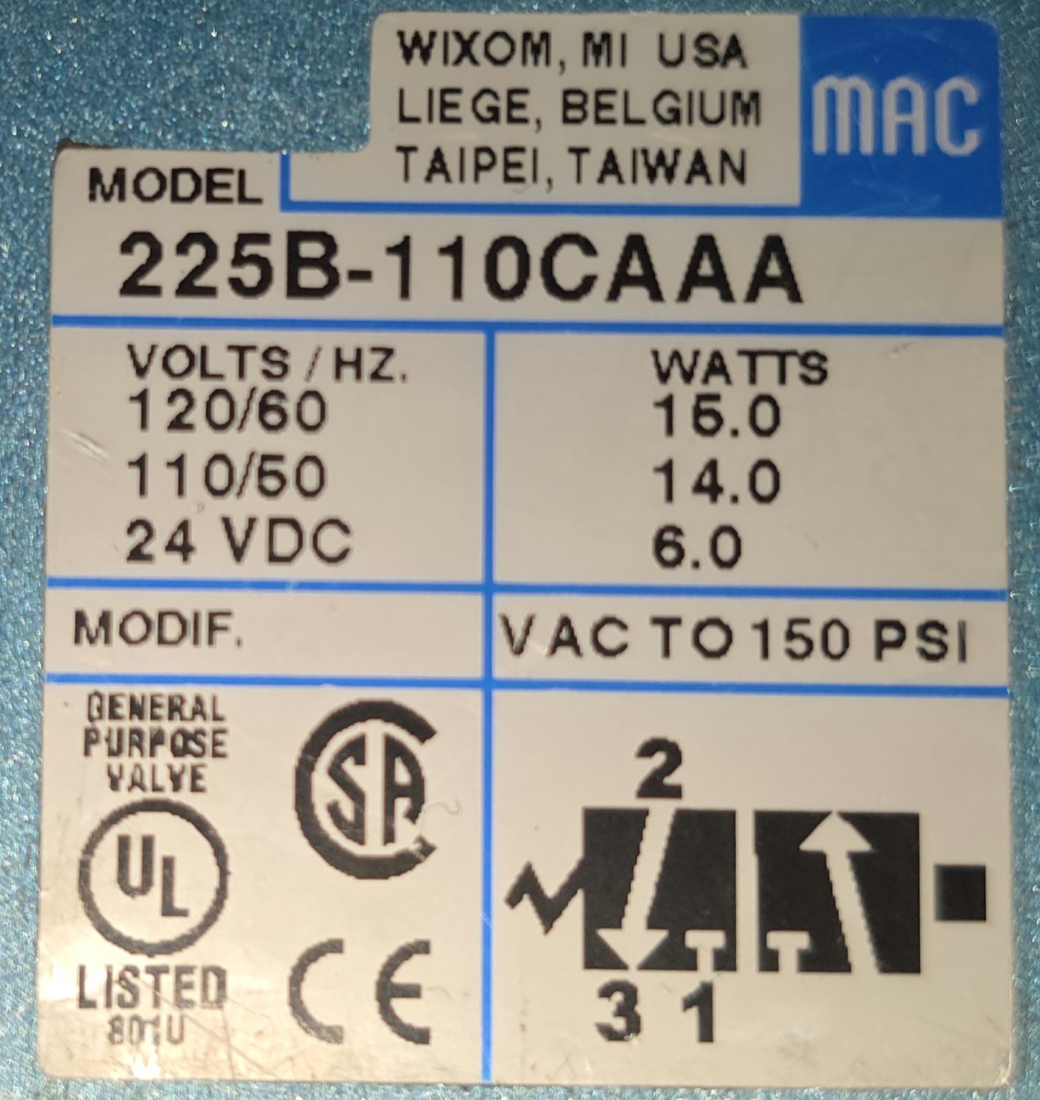 MAC 200 Series 225B-111CAAA DC24V Solenoid Operated 3-way Poppet Valve