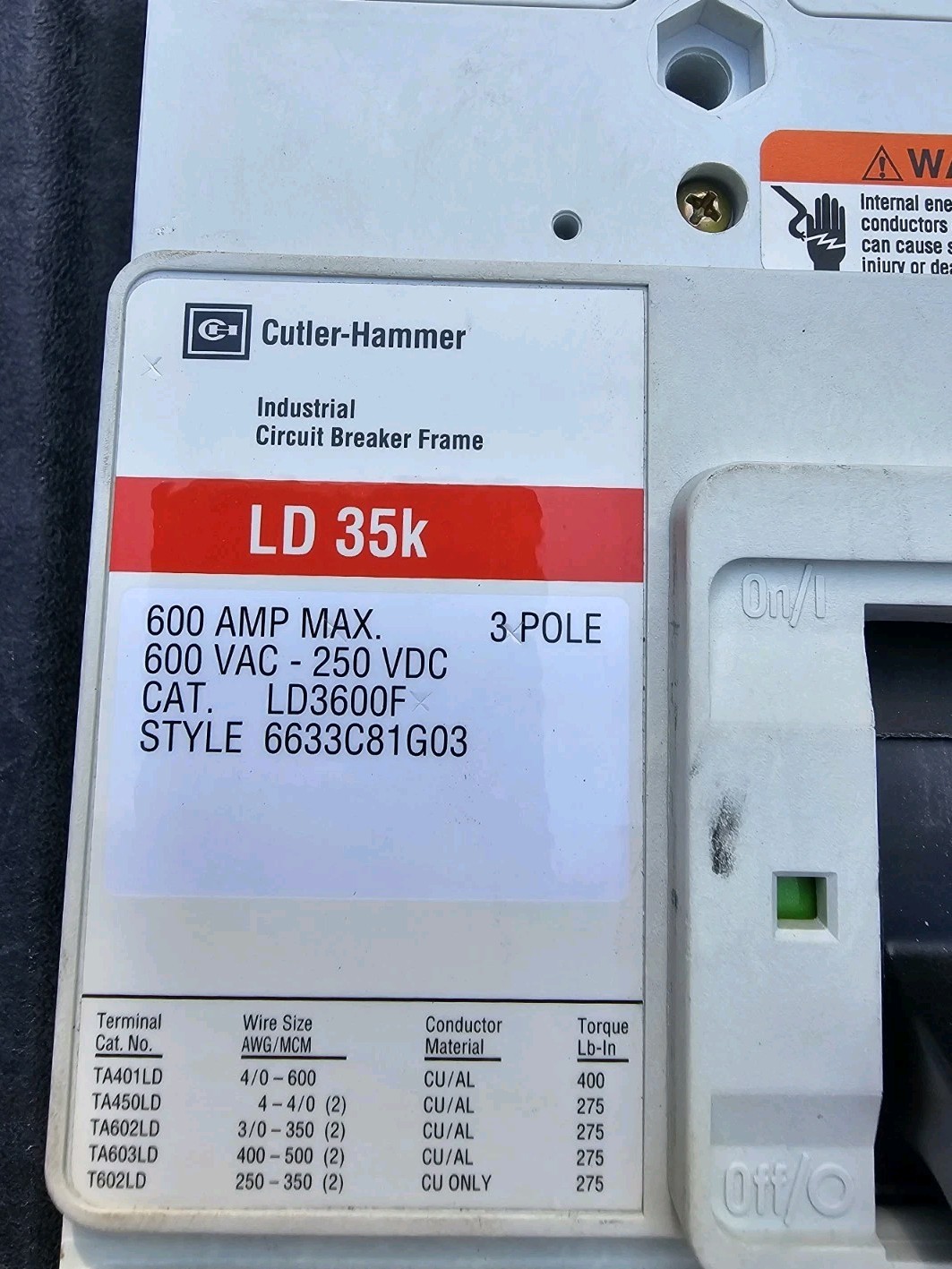 Eaton LD3600F Breaker 400A 600v 3P w/Thermal Magnetic Trip Unit LT3400T