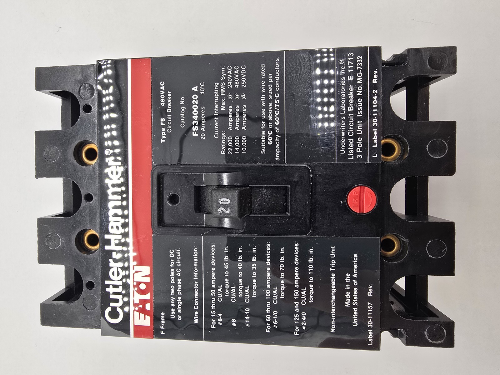 Cutler-Hammer FS340020A Bolt-On Circuit Breaker 20A 3P 3PH 480V 14KA FS