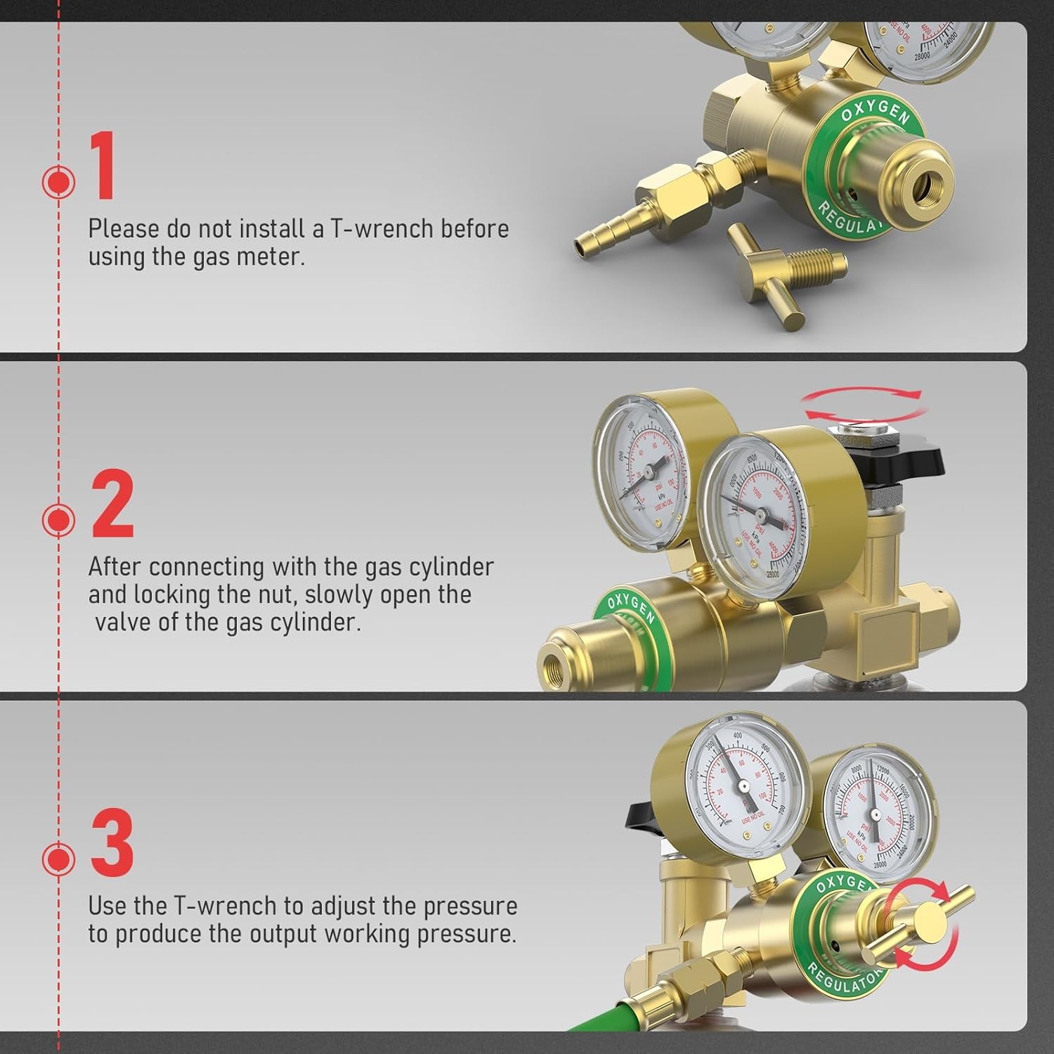 Oxygen Regulator CGA540 0-4000PSI 0-100PSI Gauges with T-Handle & Hose Connector