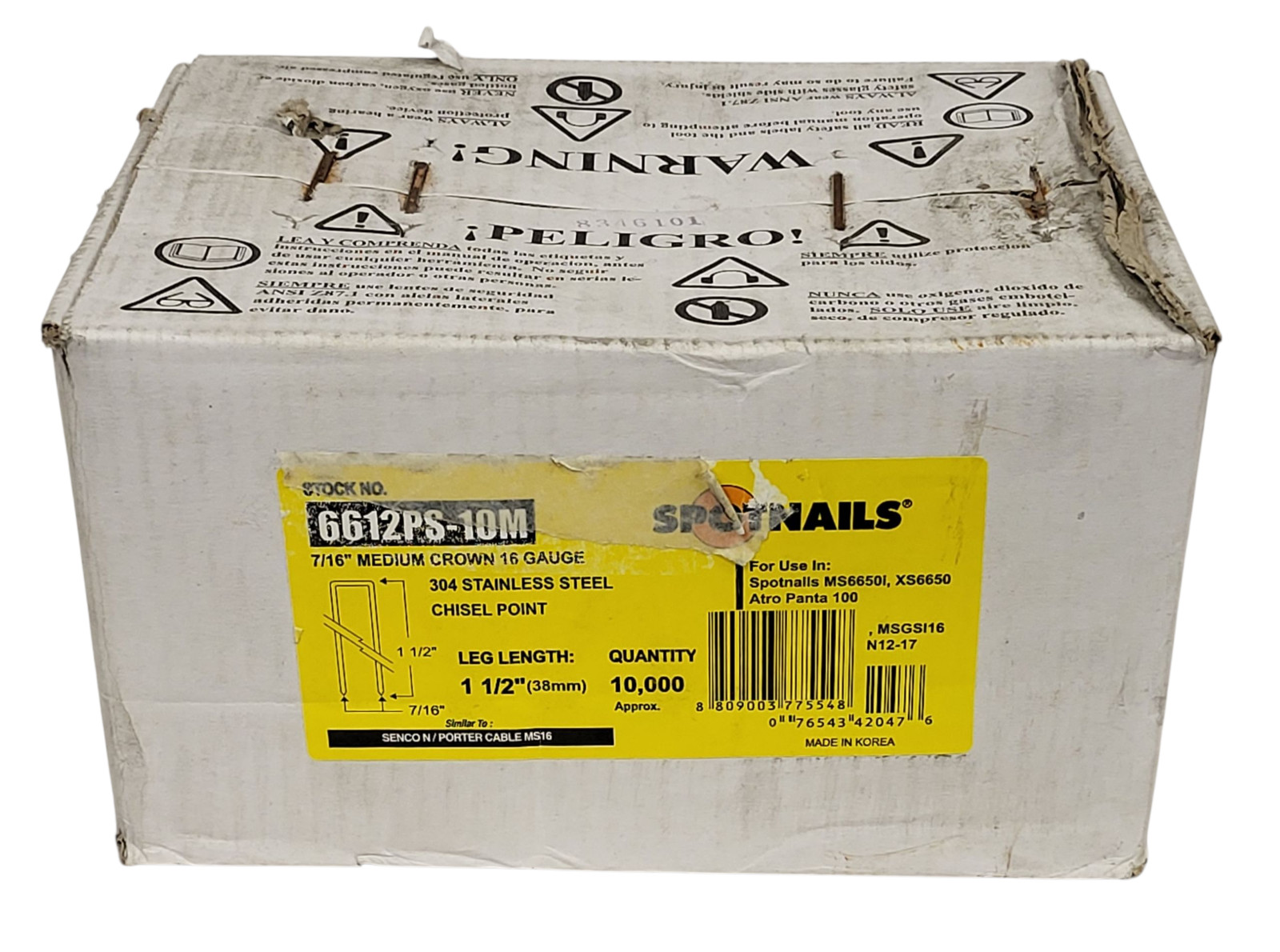 10,000 Spotnails 6612PS-10M SS 1-1/2″ 16 Gauge 7/16″ Crown Chsel Point Staples