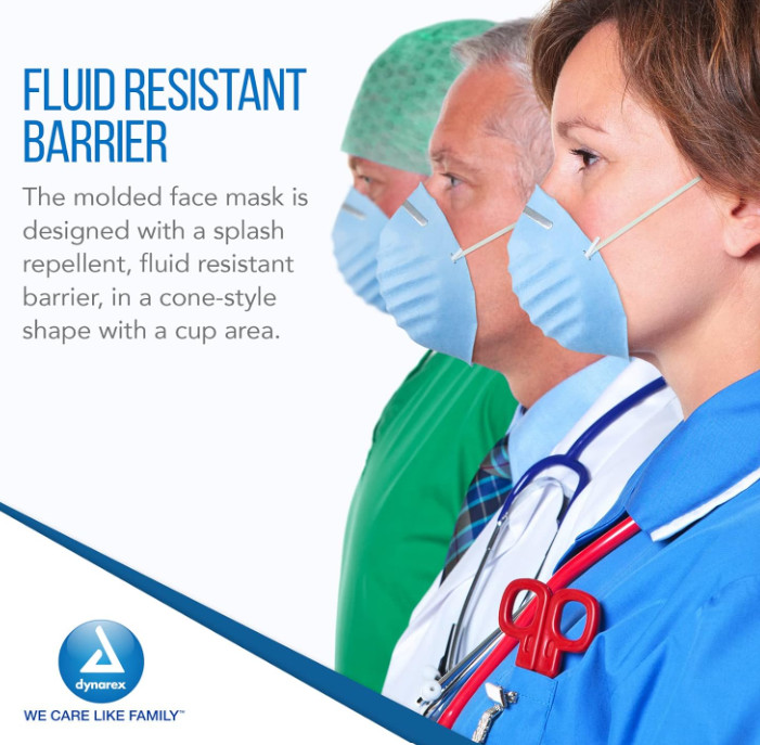 Dynarex Molded Face Mask, Fiberglass-free Adjustable, Blue, 1 Box of 50 Molded