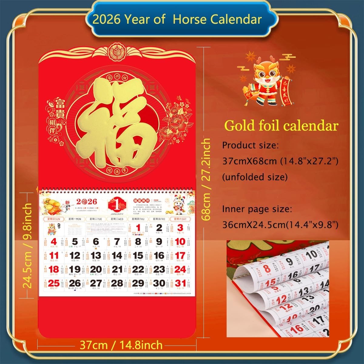 2026 Chinese Lunar Calendar Year of the Horse Wall Monthly 2408