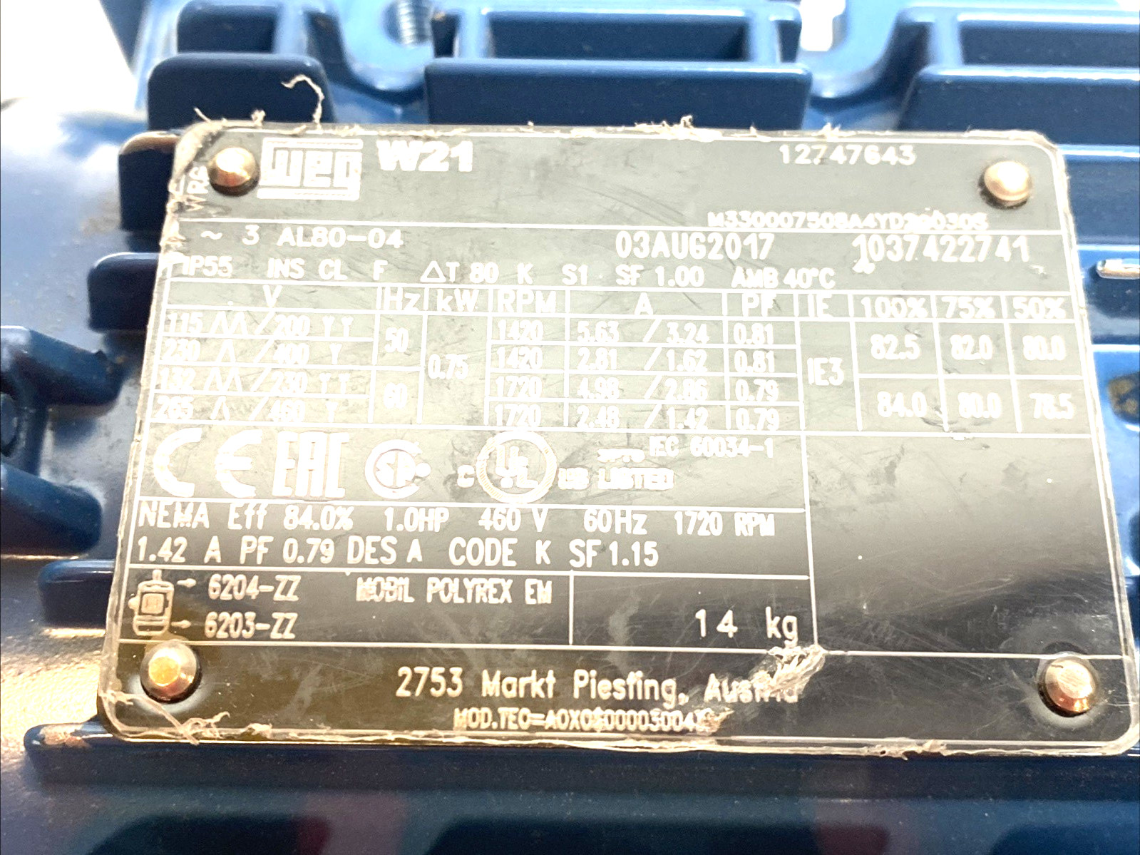 WEG W21 AL80-04 AC Motor 0.75kW 3-Phase 1420/1720RPM 460V 50/60Hz