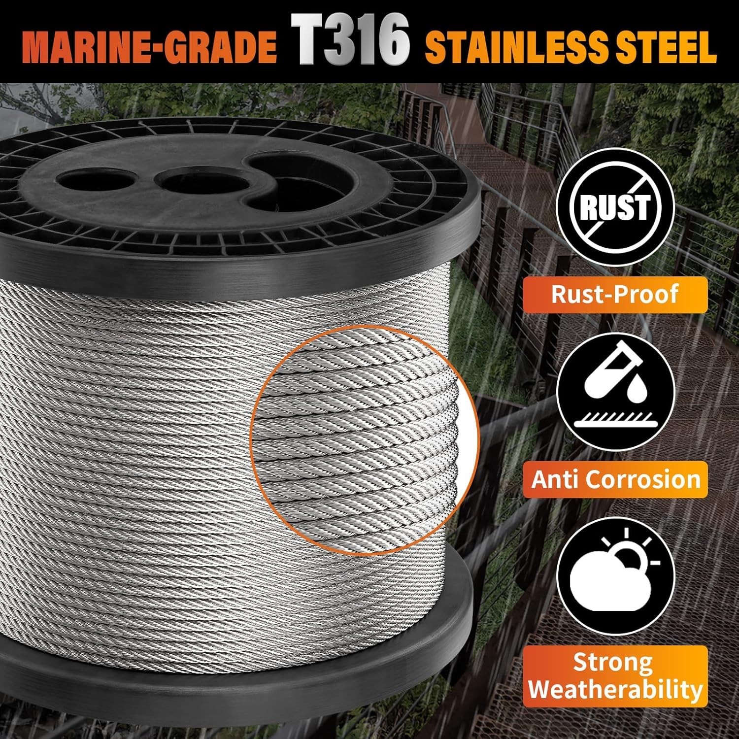 Stainless Steel Cable for Railing – 500FT 1/8″ T316 Wire Rope Cable for Deck …