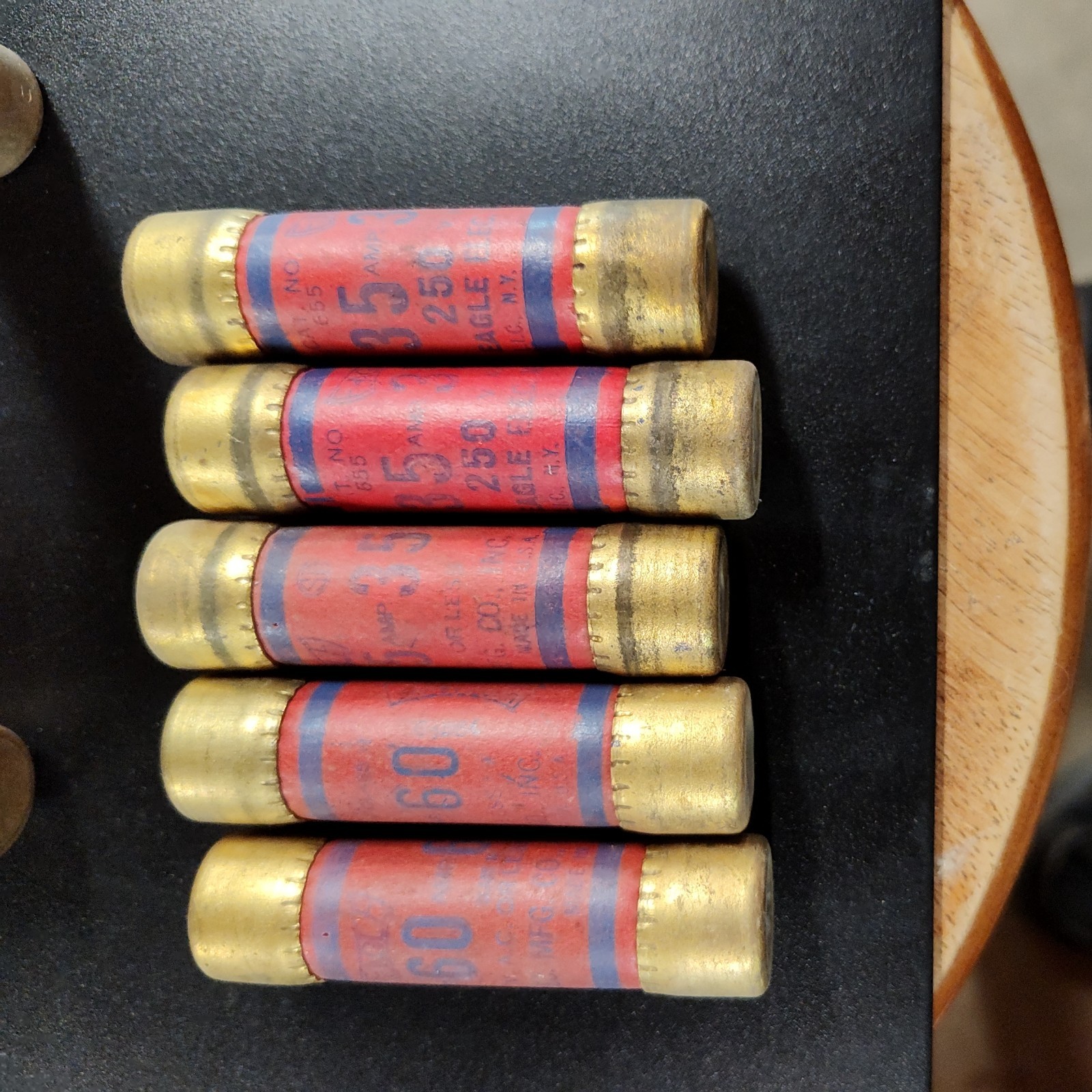 LOT of 5 EAGLE 2-60 and 3-35 amp NON-RENEWABLE CARTRIDGE FUSES, 60 AMP