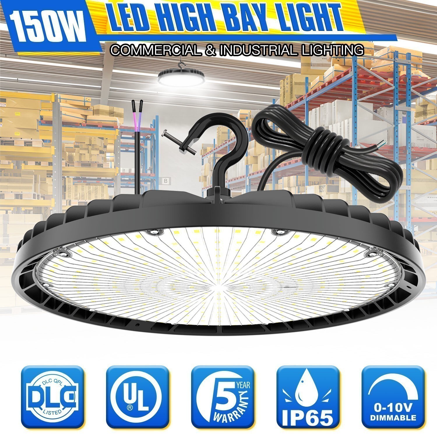 150W UFO High Bay Light 21000lm Commercial Warehouse Lighting (Eqv.600W MH/HPS)