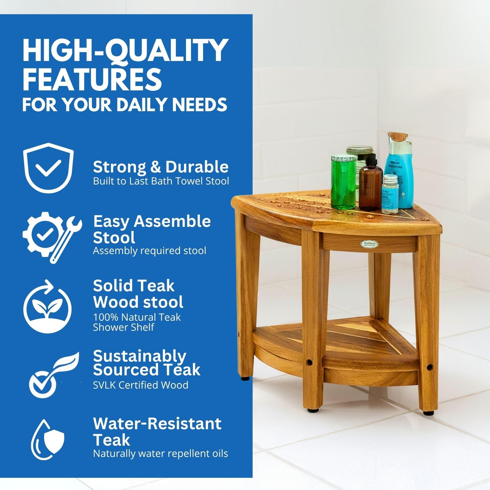 EcoDecors ED974 Corner Teak Shower Bench with Shelf 350 lb Capacity Tool-Free