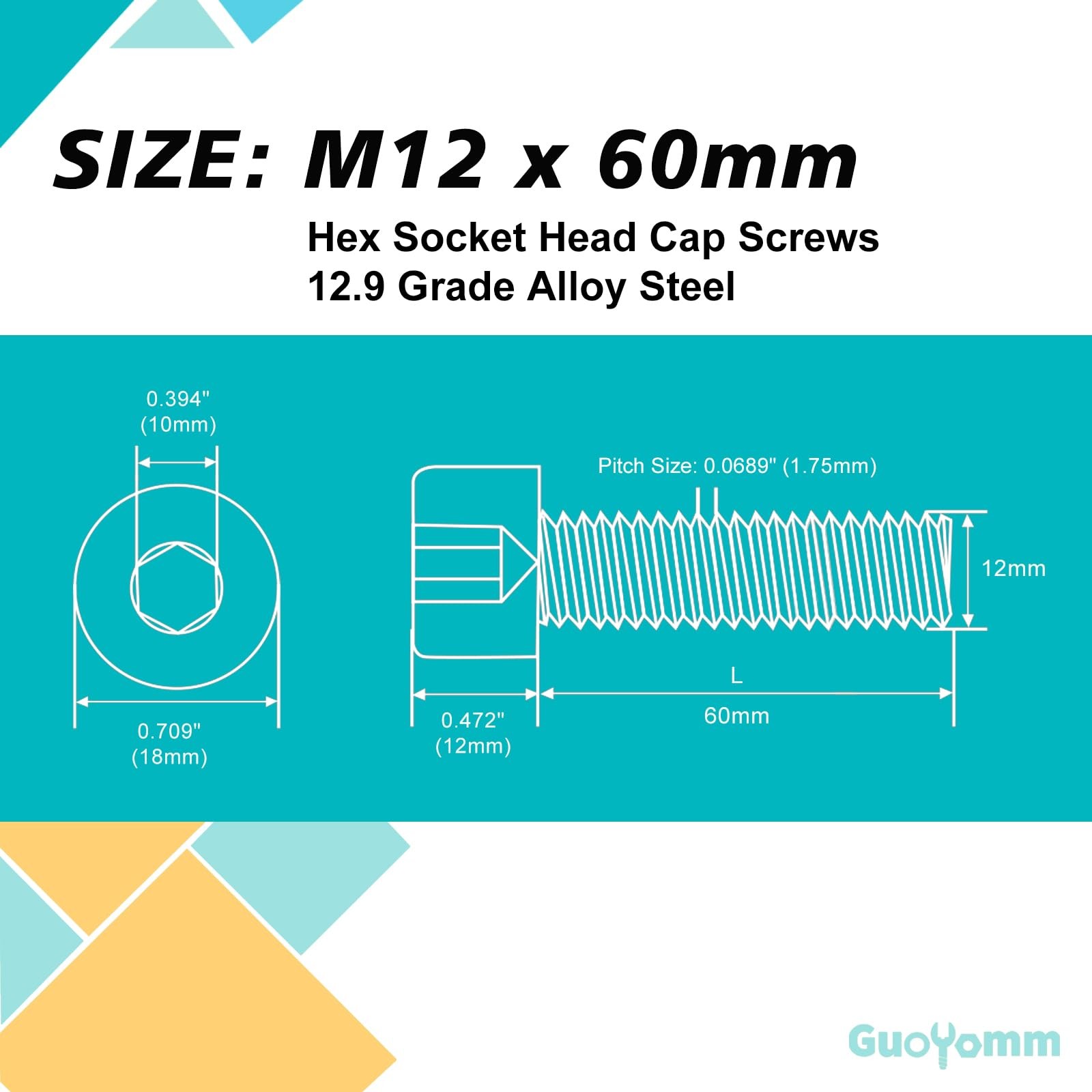 M12-1.75 x 60mm 5pcs Hex Socket Head Cap Screws Bolts, 12.9 Grade Alloy Steel…
