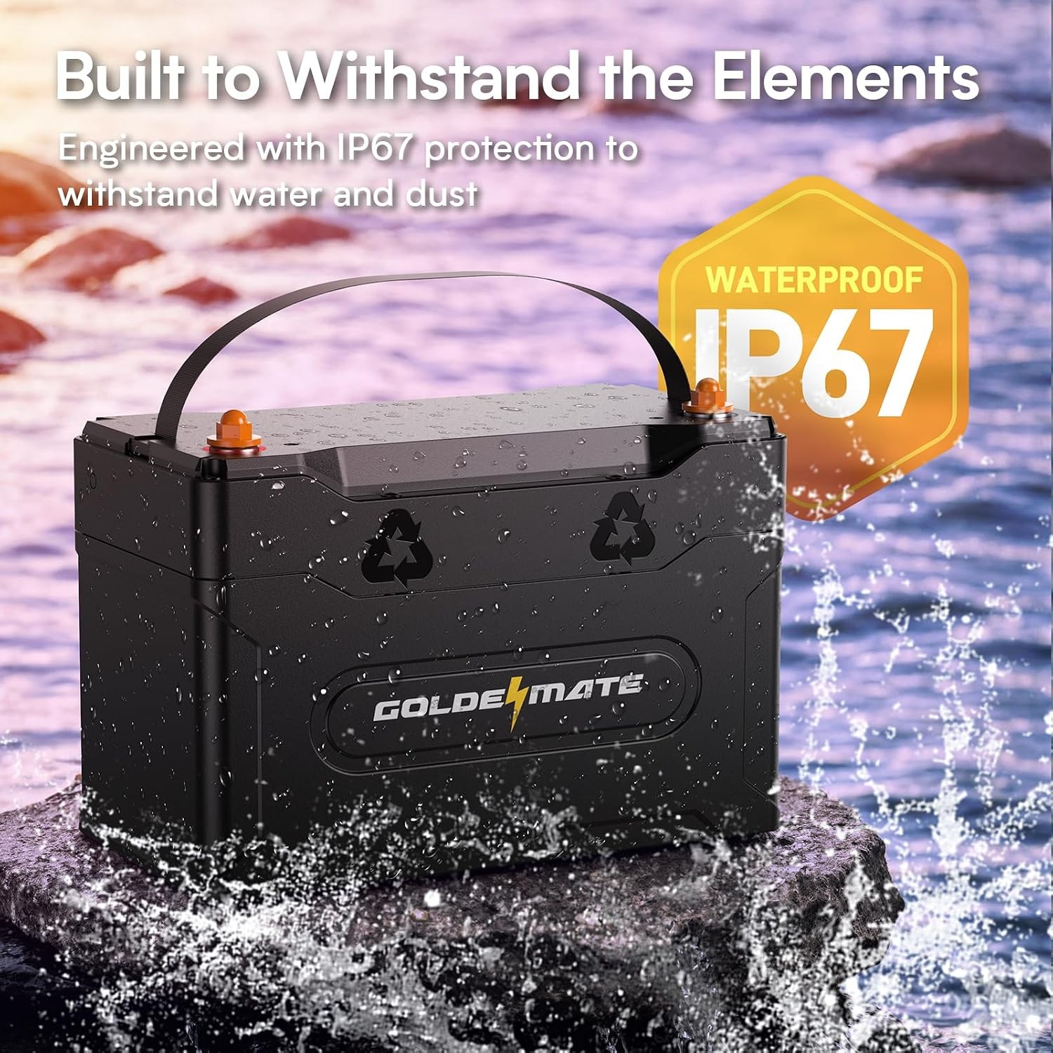 GOLDENMATE 12V 100Ah Group 31 Bluetooth LiFePO4 Battery, IP67 Waterproof Lithium