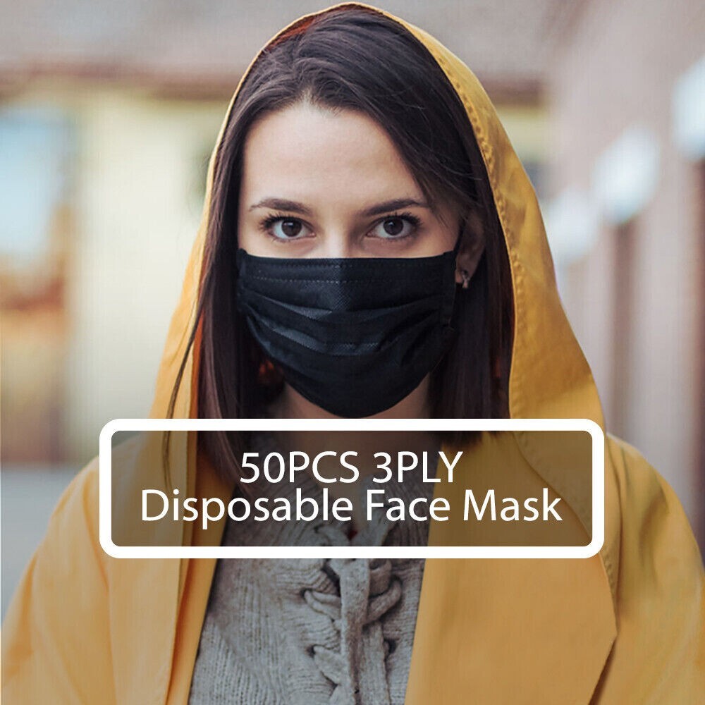 50PCS 3PLY Protective Face Mask Disposable Non Medical Surgical Dust in BLACK