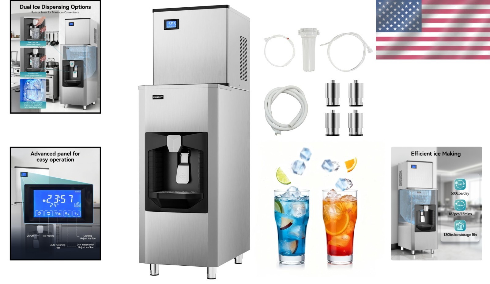Certified 130Lbs Bin Commercial Ice Maker – Quick Ice in 10-15 Min!