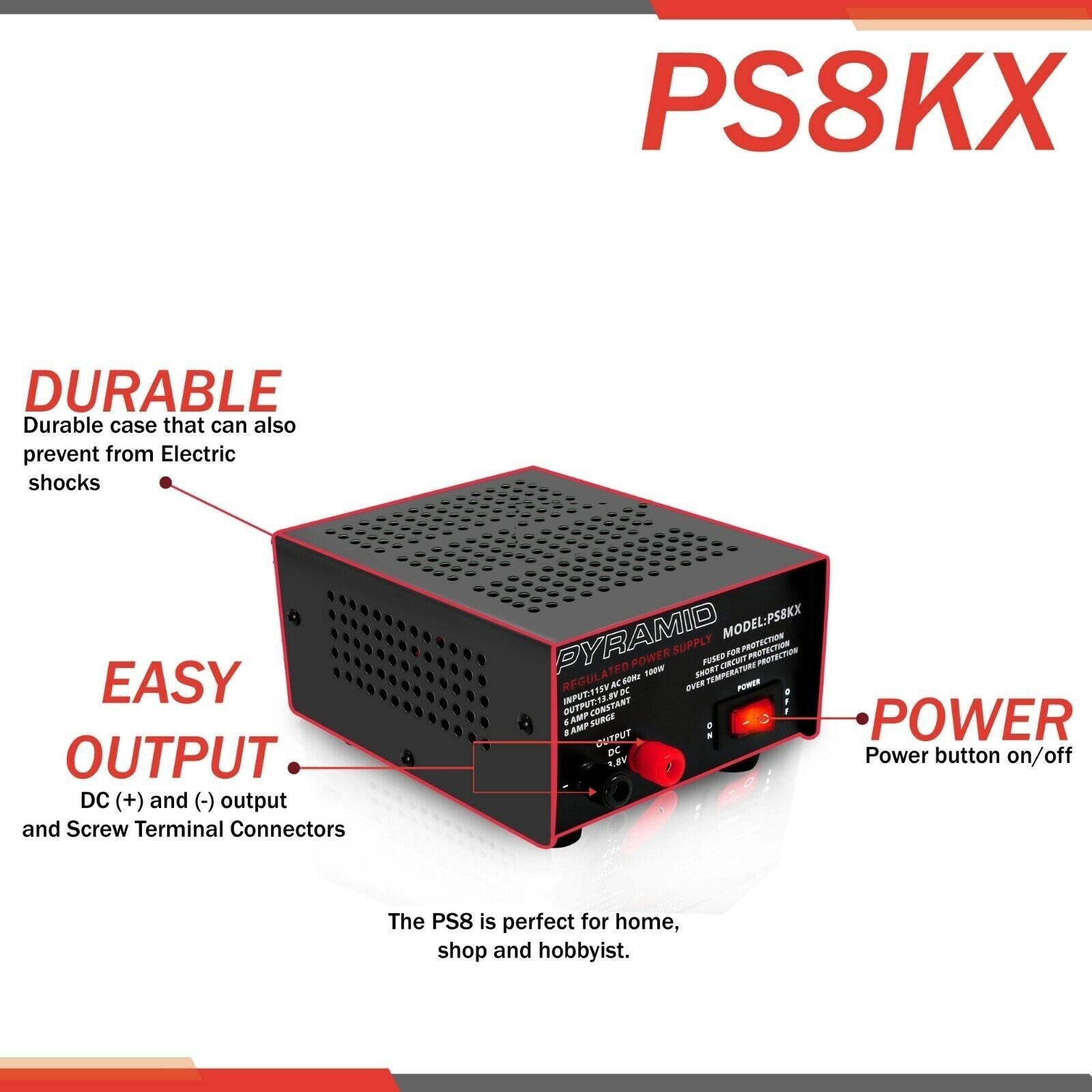 PYRAMID Heavy Duty 8A 12V Linear AC/DC Power Supply PS8KX