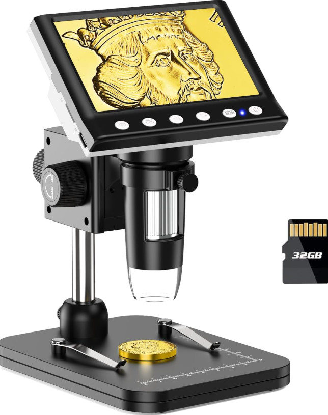 4.3 Inch LCD Digital Coin Microscope, 1000X USB Magnifier with 8 Adjustable LED