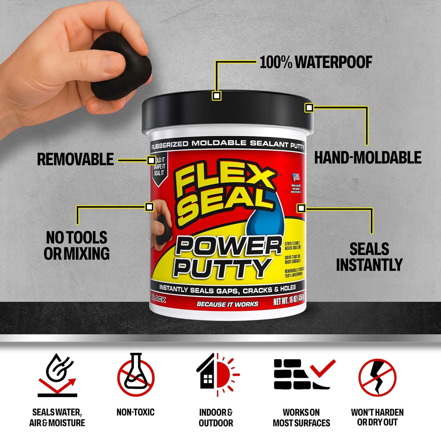 Flex Seal Power Putty, Moldable Waterproof Rubberized Sealant, Instantly Fills G