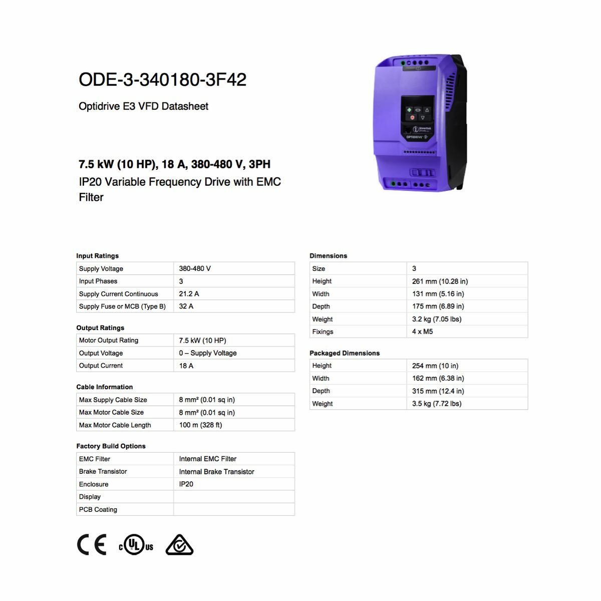 ODE-3-340180-3F42 – Invertek VFD – 10HP 18A 380V-480V 3Ph/3Ph – VFDexchange