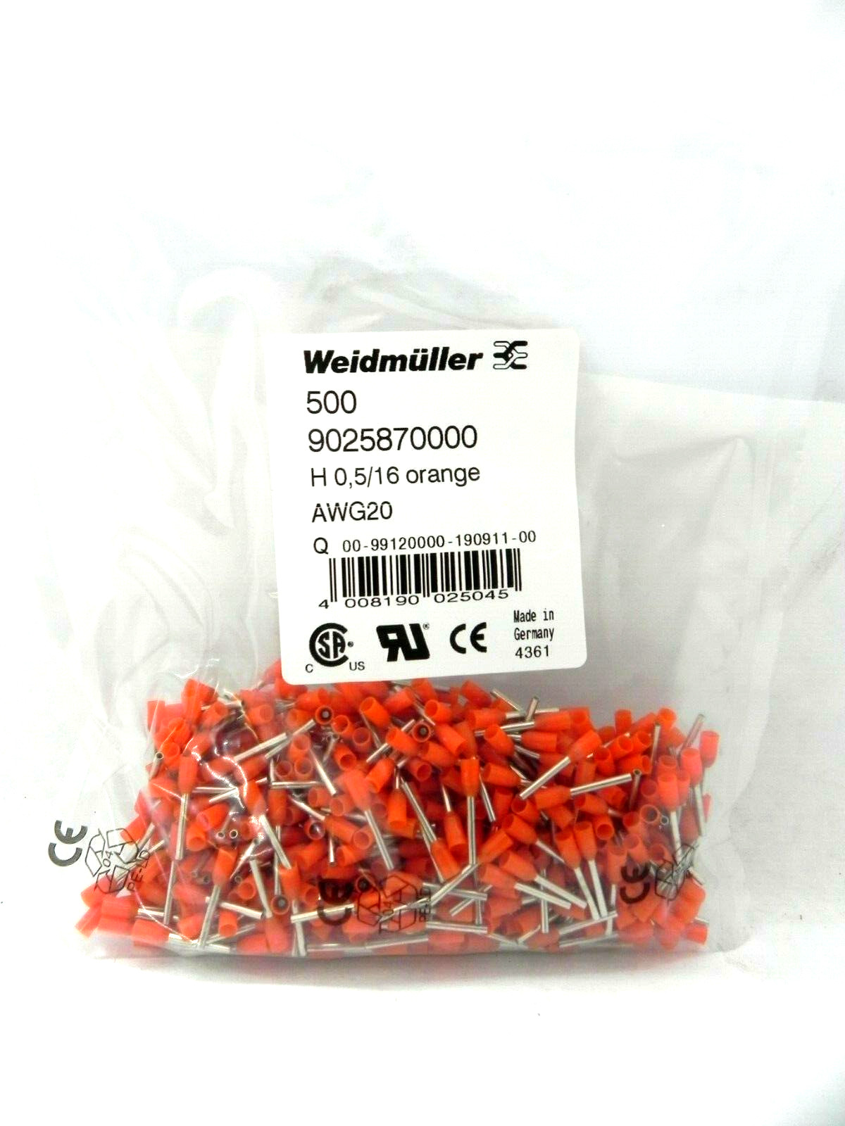 (500-pck) Wire End Ferrules Orange AWG20 9025870000 Weidmuller (HR)
