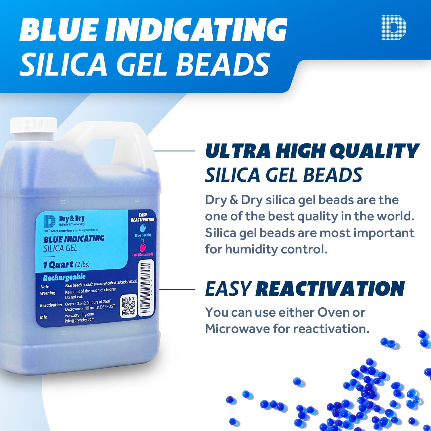 1 Quart Premium Blue Indicating Silica Gel Desiccant Beads(2 LBS) – Rechargeable