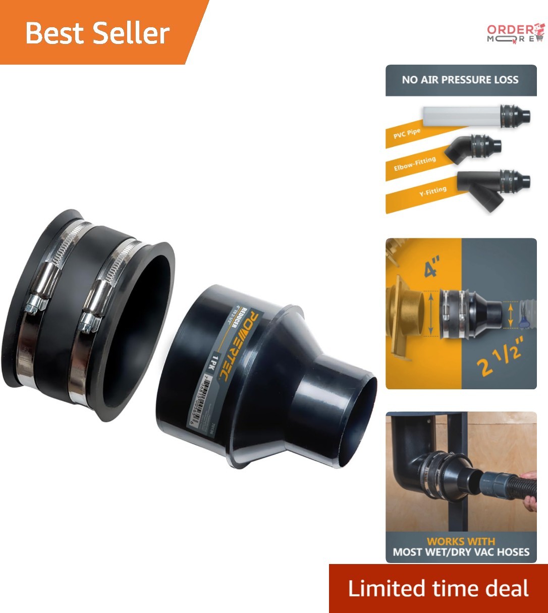 Dust Collection Fittings 4 Inch to 2-1/2 Inch Reducer Flex Cuff Hose Clamps