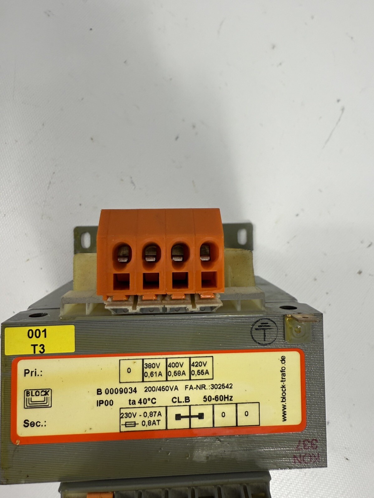 NEW BLOCK B 0009034 TRANSFORMER, 200/450VA, 50-60Hz