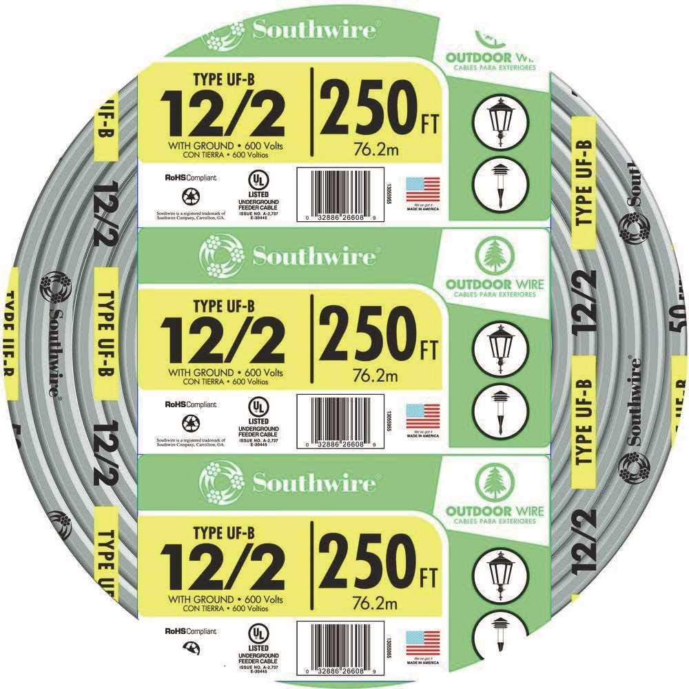 12/2 UF B Wire with Ground, 100 Ft, Gray Solid Copper Direct Burial Cable for Ou