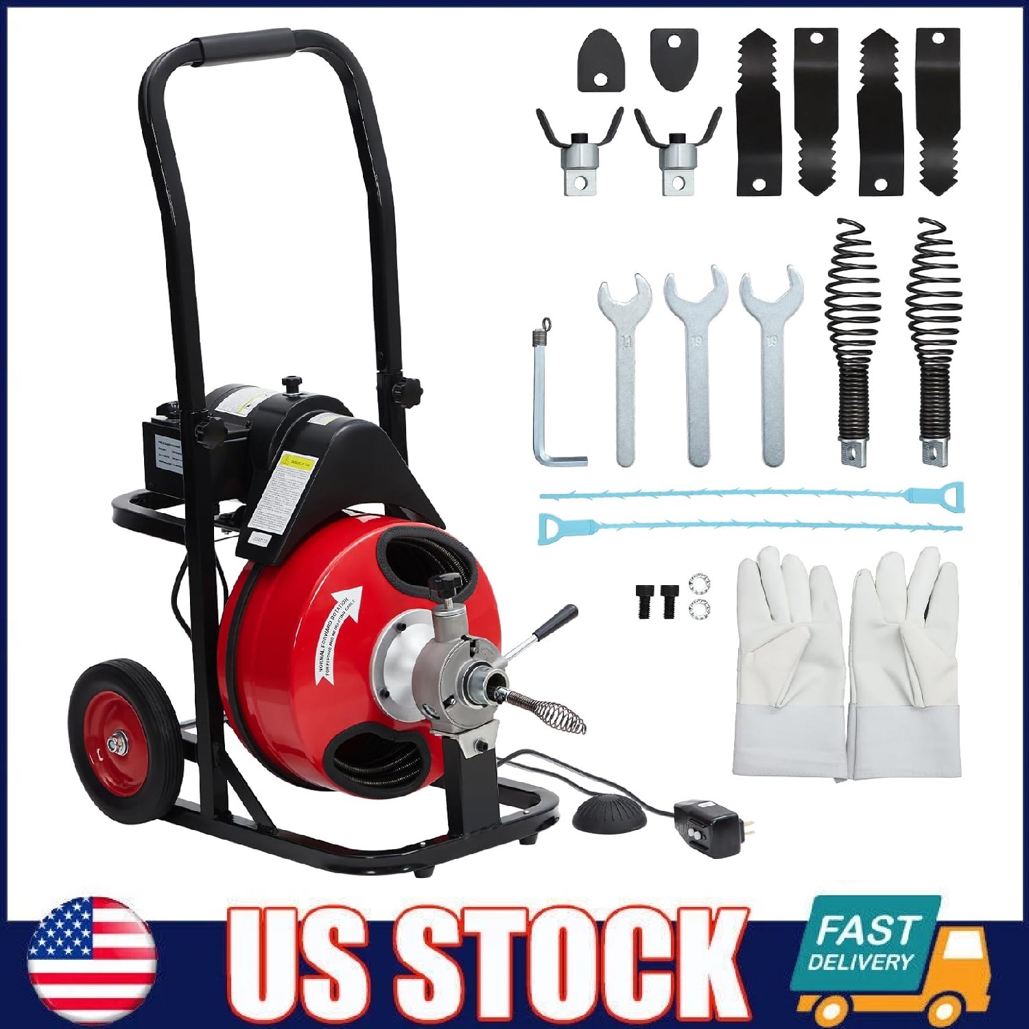 Drain Cleaner Machine ,Auto Feed 75 Ft x 1/2in Portable Sewer Snake Auger 250W