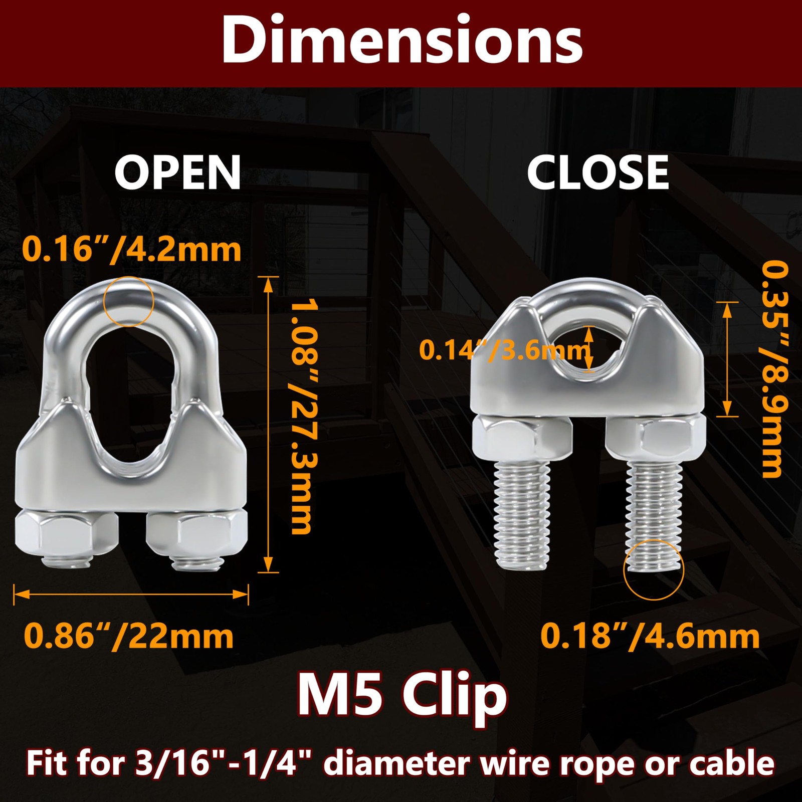 20PCS 3/16 to 1/4 Inches M5 Stainless Steel Wire Rope Cable Clip Clamp