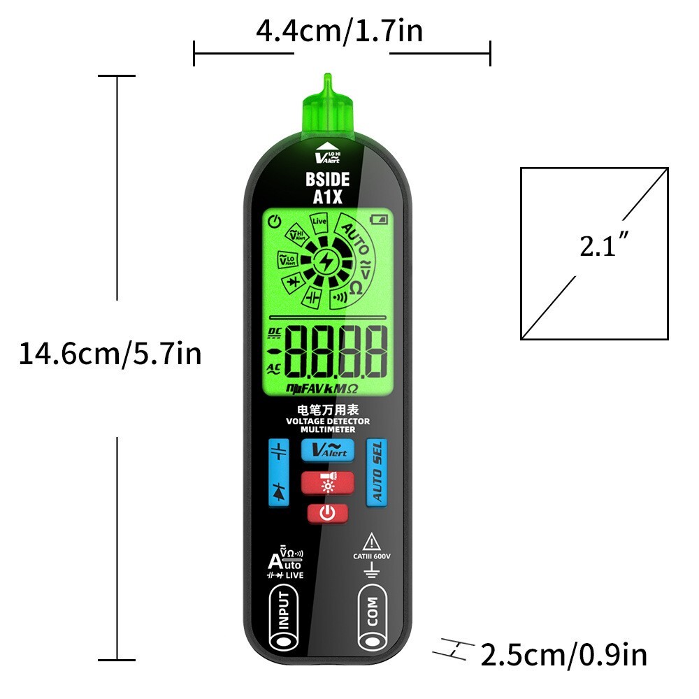 Multimeter AC/DC V Ω F Diode NCV Live Neutral Wire Check Flashlight Li-Battery
