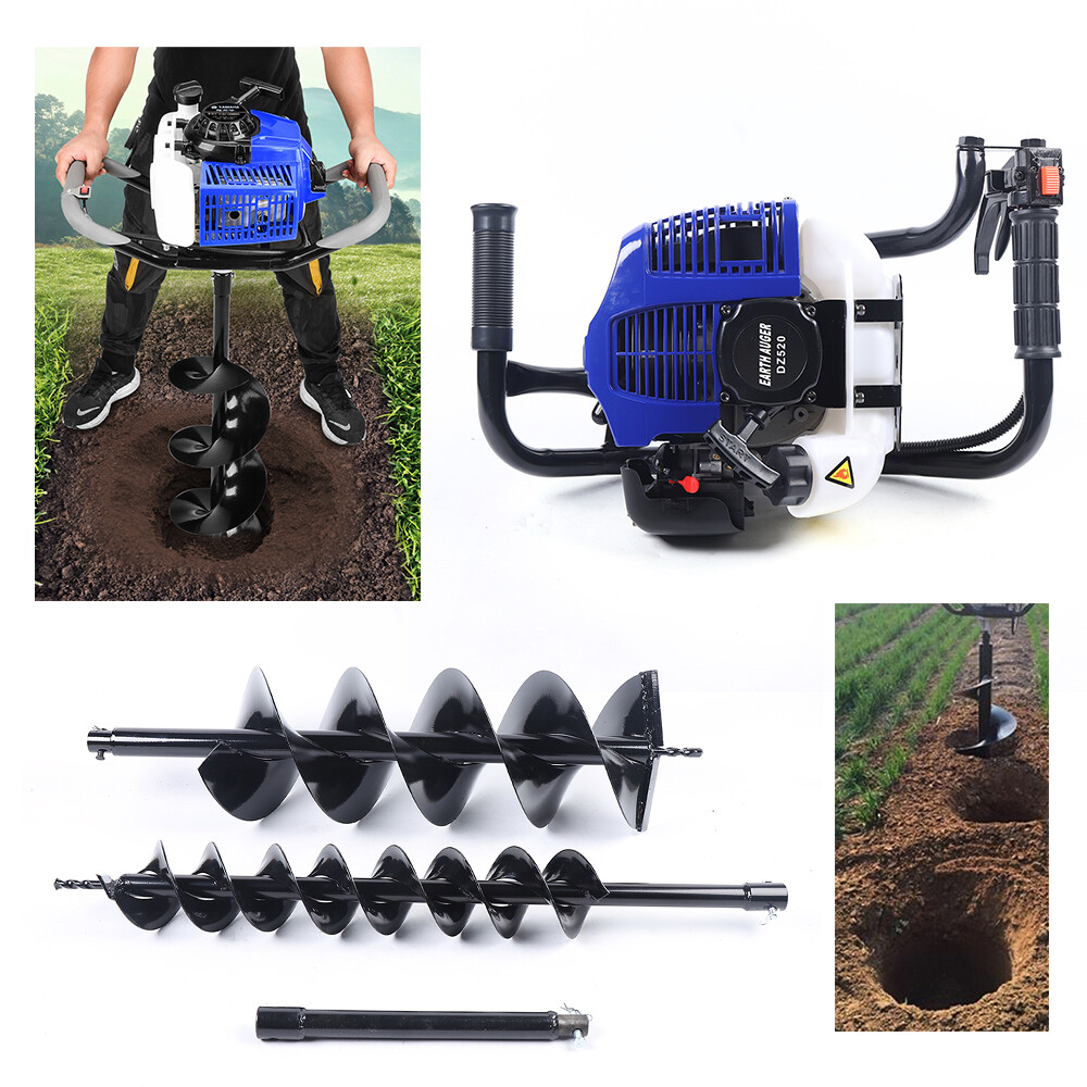 52CC 1700W Gas Powered Earth Auger Post Hole Digger Borer Fence Ground & 2 Bits