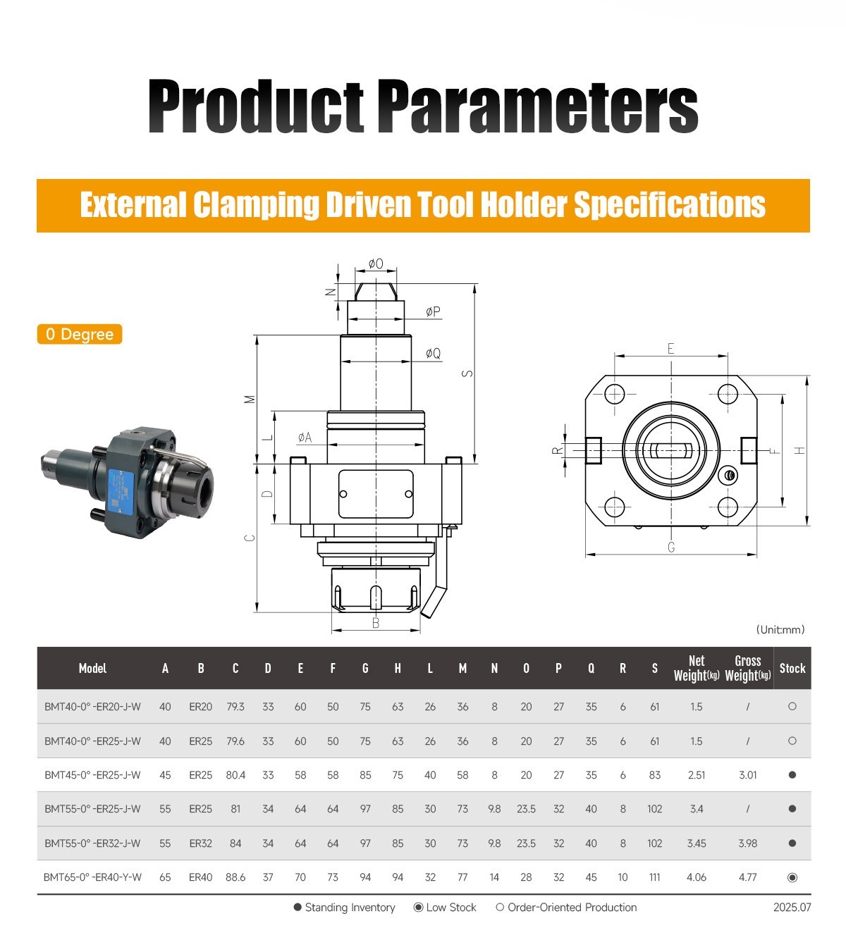 SFX BMT45-0°-ER25 Driven Tool Holder CNC Power Lathe Tool for Turn-Mill Machines