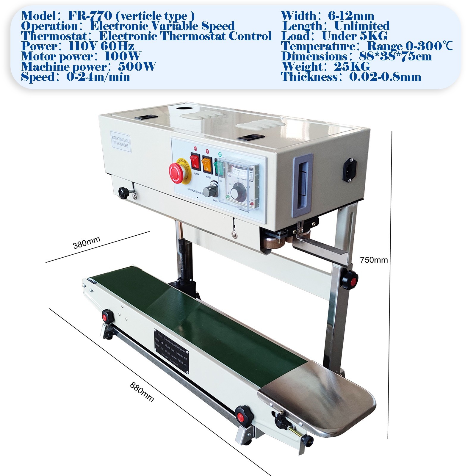 110V FR-770 Vertical Continuous Plastic Film Sealing Machine Bag Sealer 6-12MM