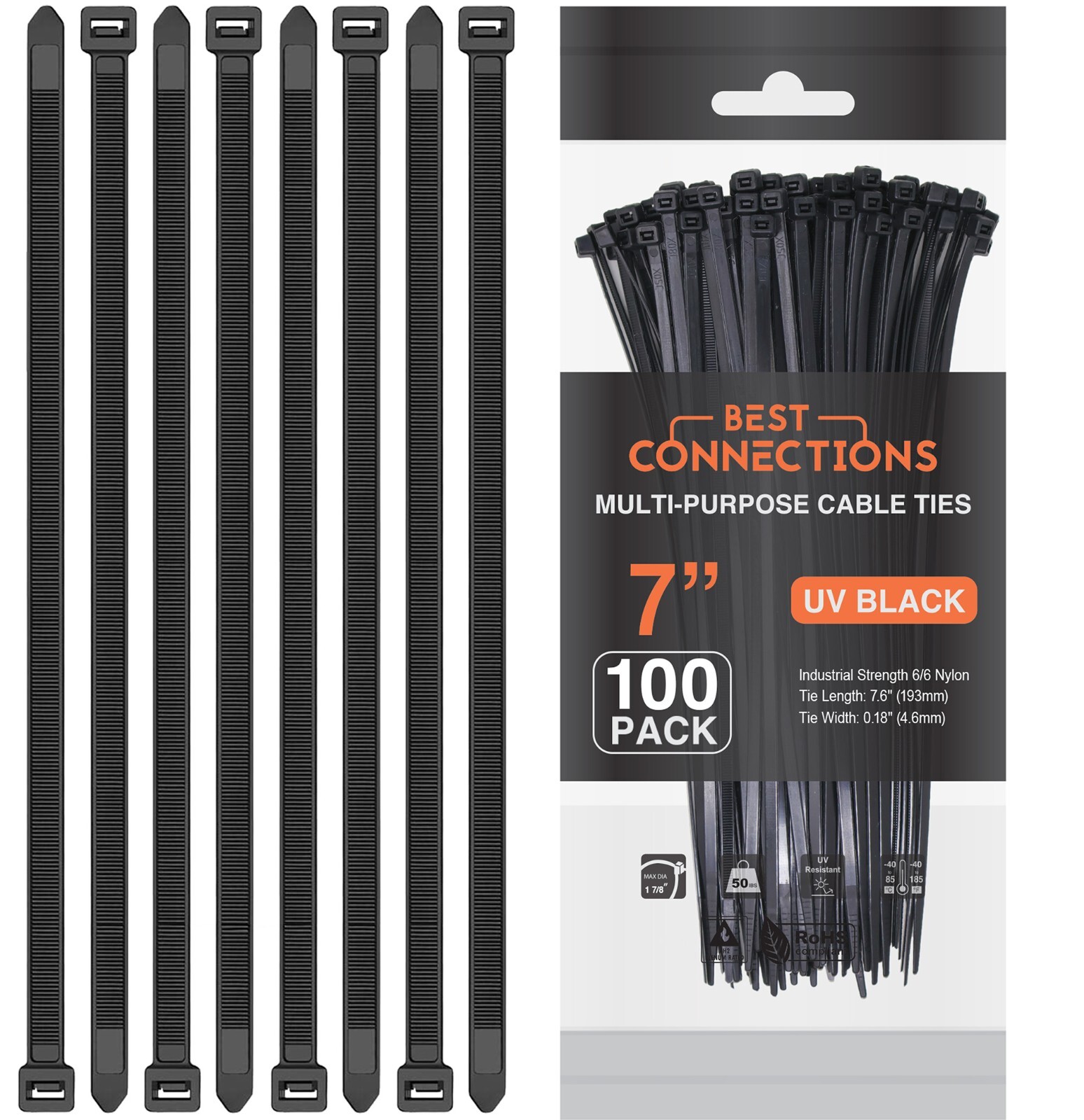 200 Pcs 7″ Inch Black Nylon Cable Straps Zip Ties Wire 50 Lbs Test