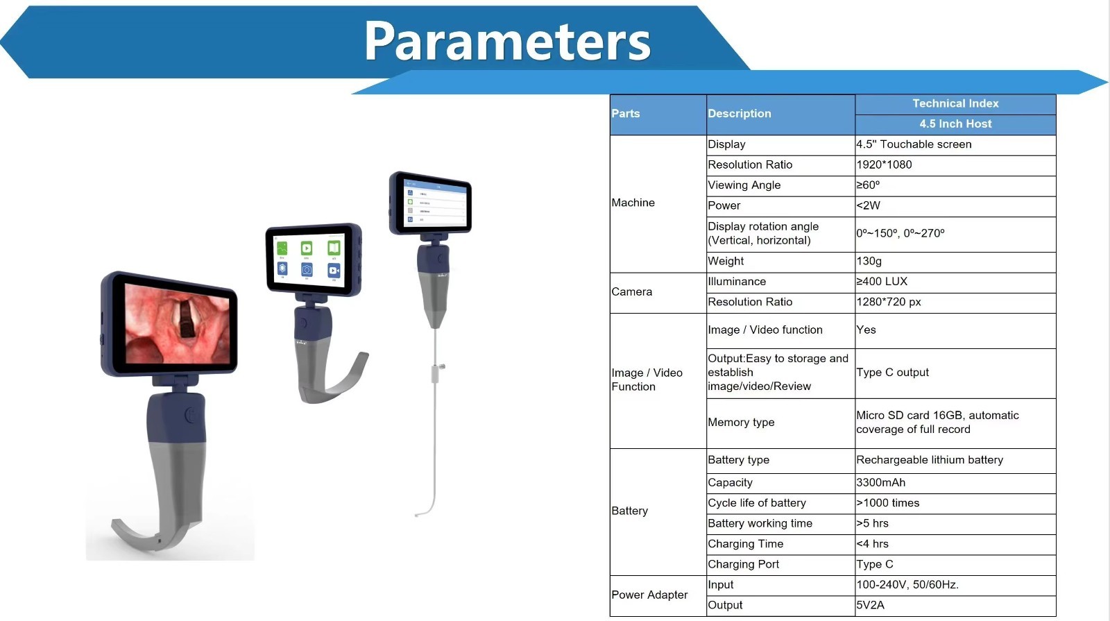 4.5 inch Touch screen Digital Video Laryngoscope Reusable Sterilizable Blades