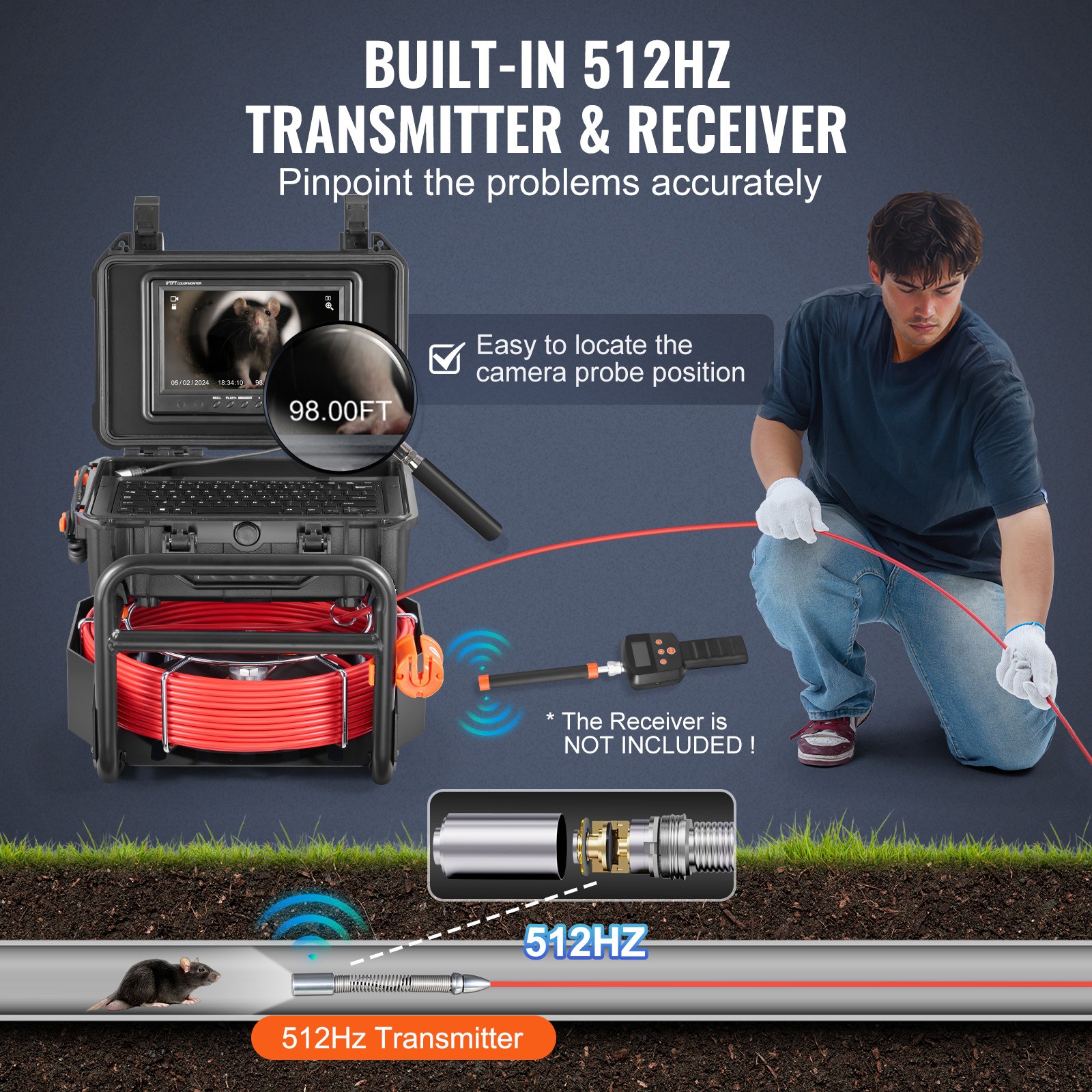 9″ Sewer Camera 98 ft/30m Self-Leveling Drain Camera with 512Hz Transmitter