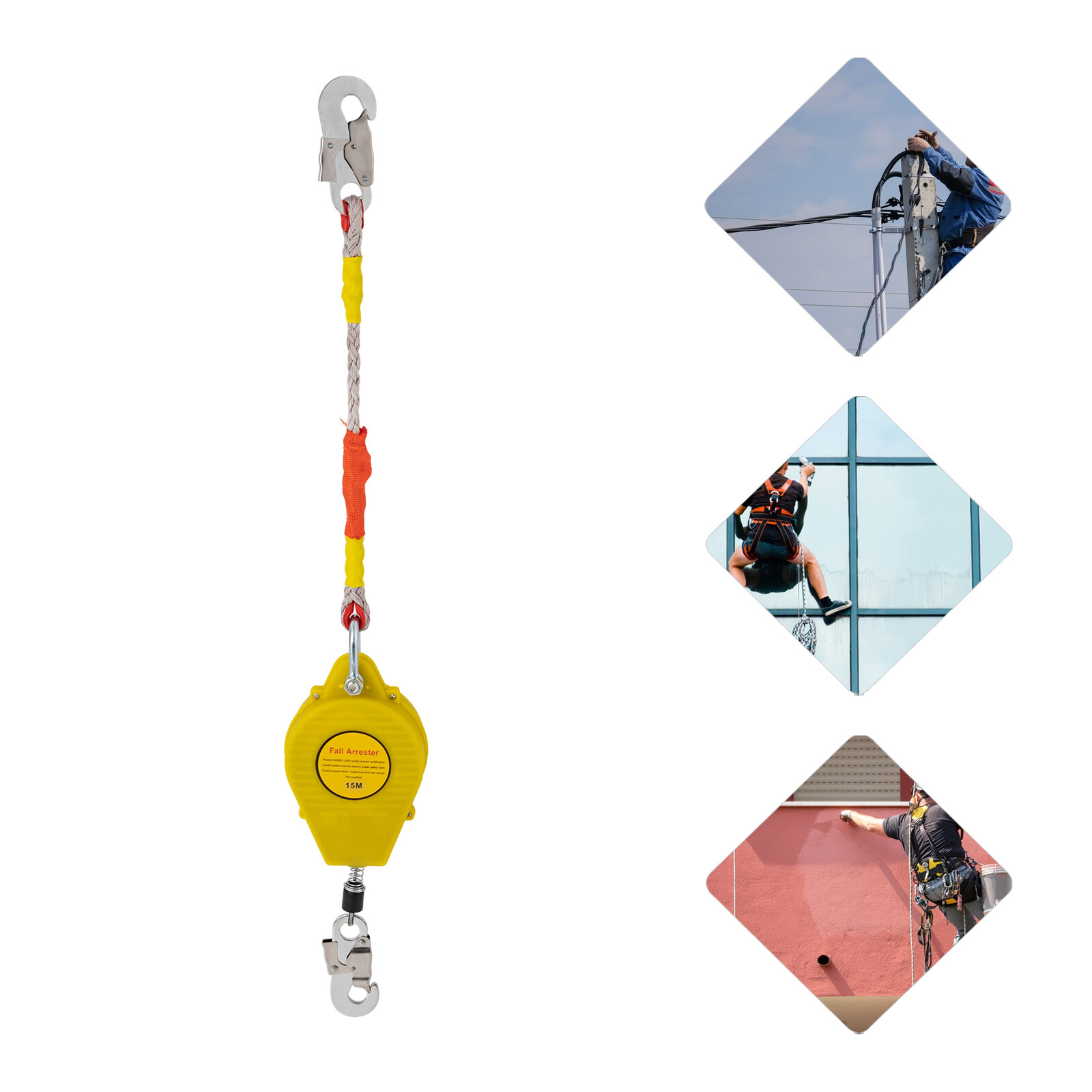15M Self-Retracting Fall Arrester with Double Locking Hook, 150kg Capacity