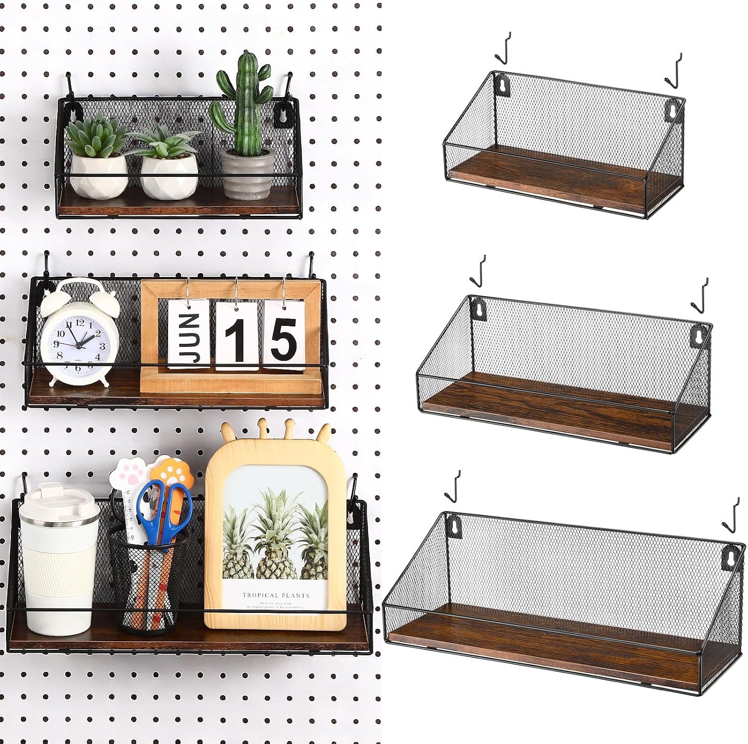 Pegboard Accessories 3 Pack Baskets Wood Shelves Hooks for Garage Home US